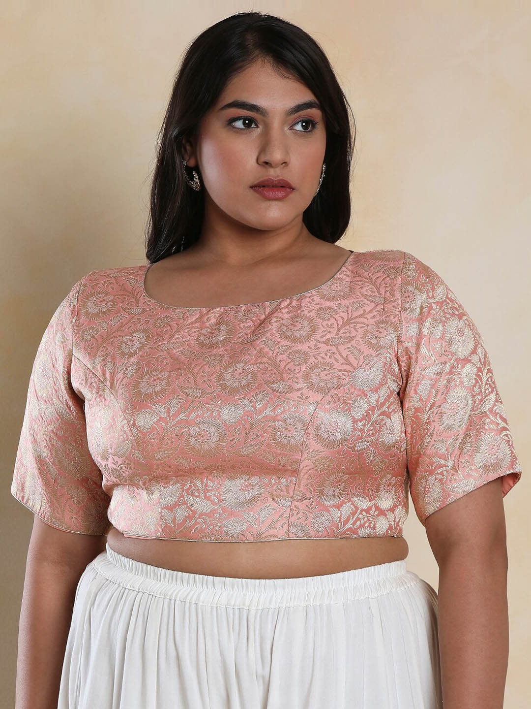 

SALWAR STUDIO Boat Neck Brocade Readymade Saree Blouse, Pink