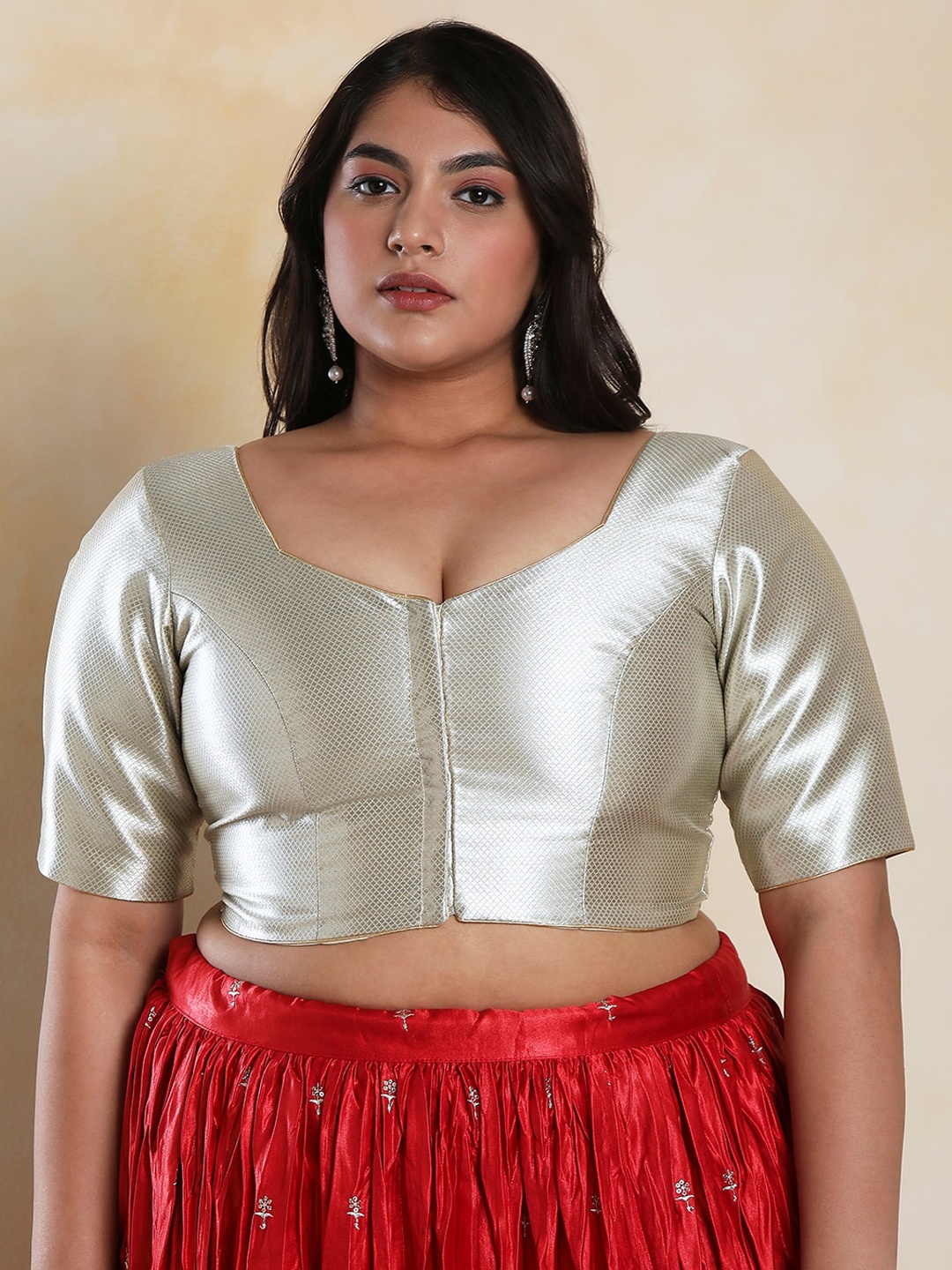

Salwar Studio Women Plus Size Shimmer Readymade Saree Blouse, Silver