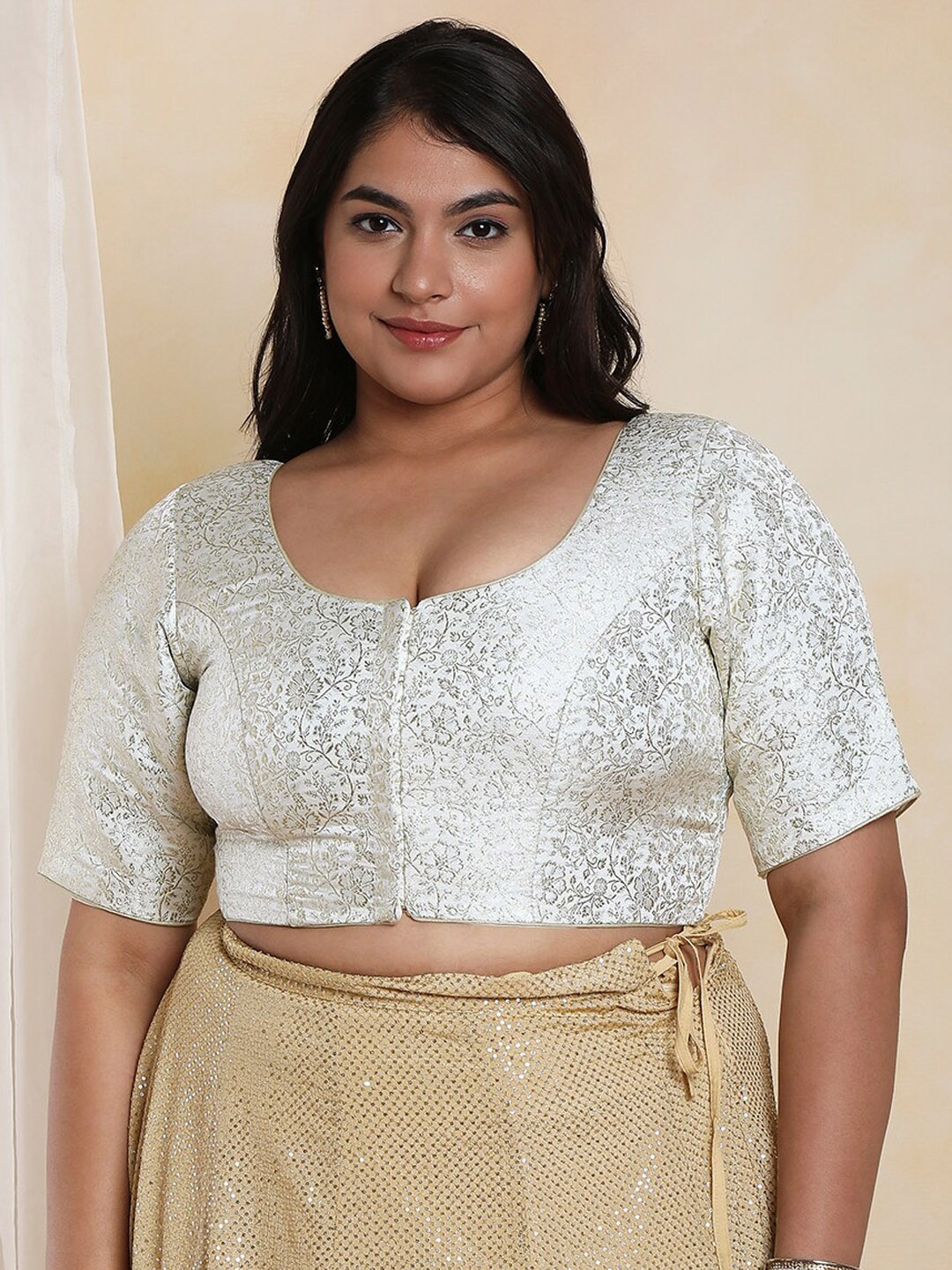 

SALWAR STUDIO Women Plus Size Brocade Readymade Saree Blouse, White