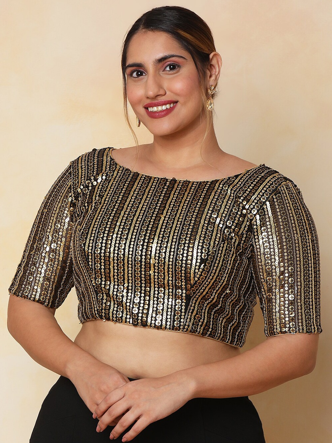

SALWAR STUDIO Women Plus Size Embellished Boat Neck Saree Blouse, Black
