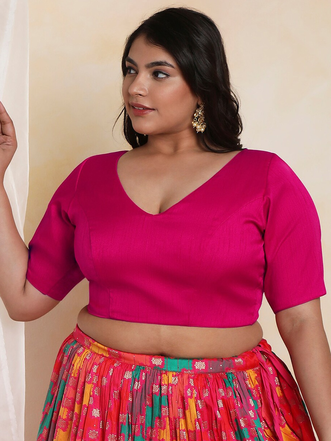 

SALWAR STUDIO V-Neck Readymade Saree Blouse With Tie Ups, Fuchsia