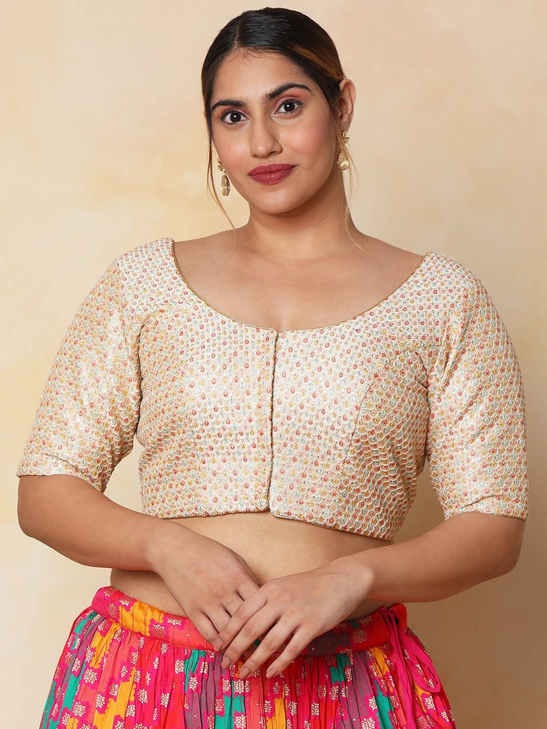 

SALWAR STUDIO Woven Design Silk Readymade Saree Blouse With Tie Ups, Off white