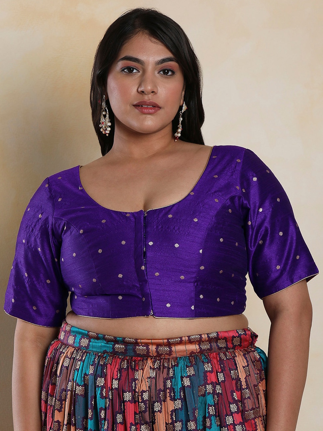 

SALWAR STUDIO Brocade Readymade Saree Blouse With Tie Ups, Purple