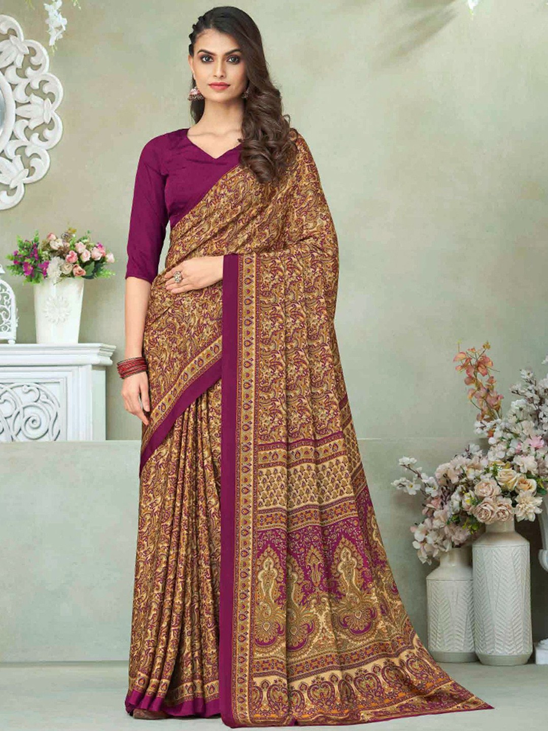 

Satrani Ethnic Motifs Printed Saree, Beige