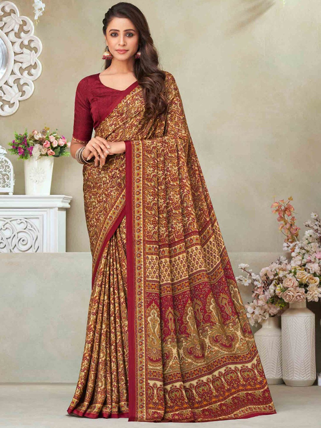 

Satrani Ethnic Motifs Printed Saree, Beige