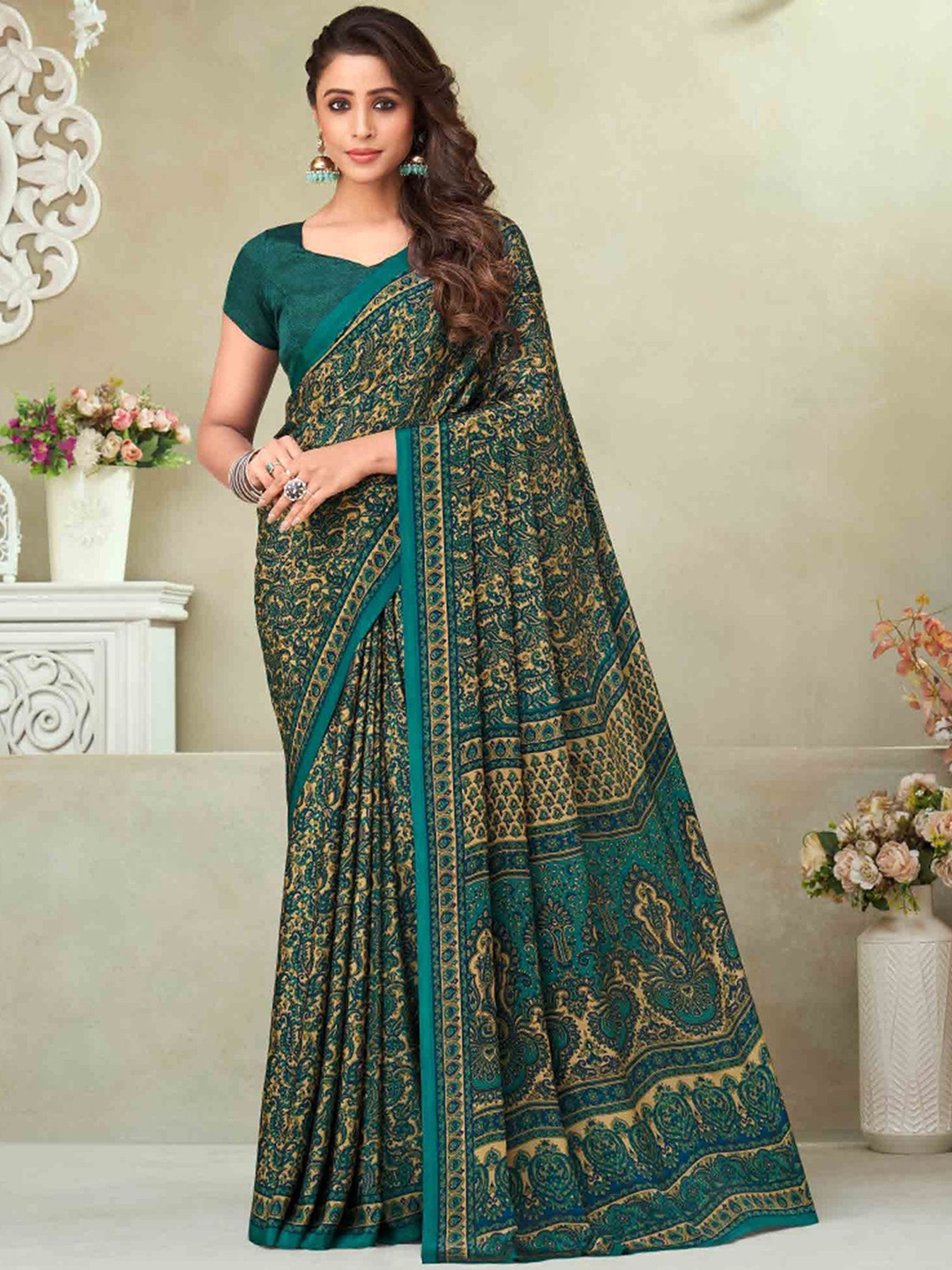 

Satrani Ethnic Motifs Printed Saree, Beige