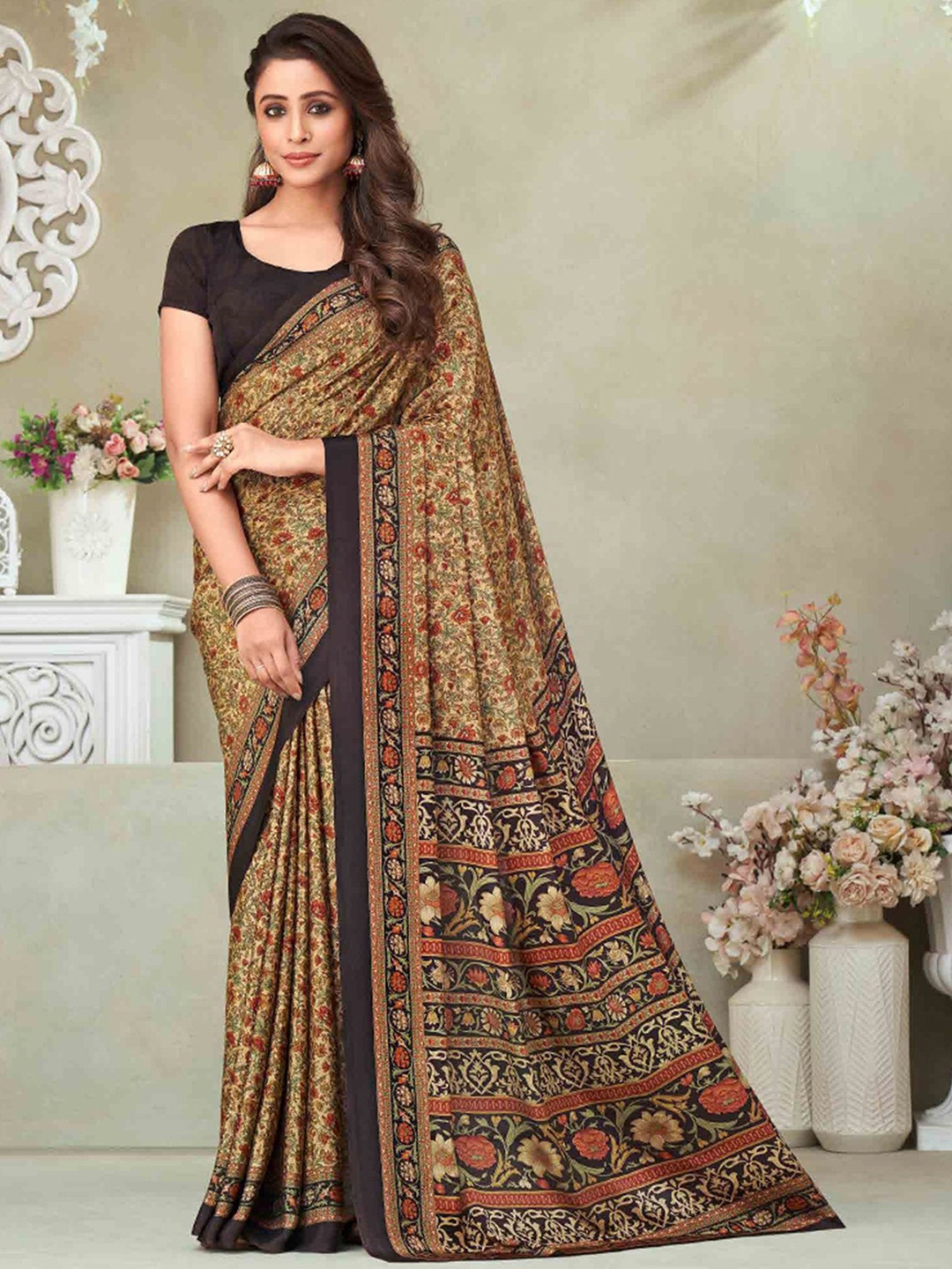 

Satrani Ethnic Motif Printed Silk Blend Saree, Beige