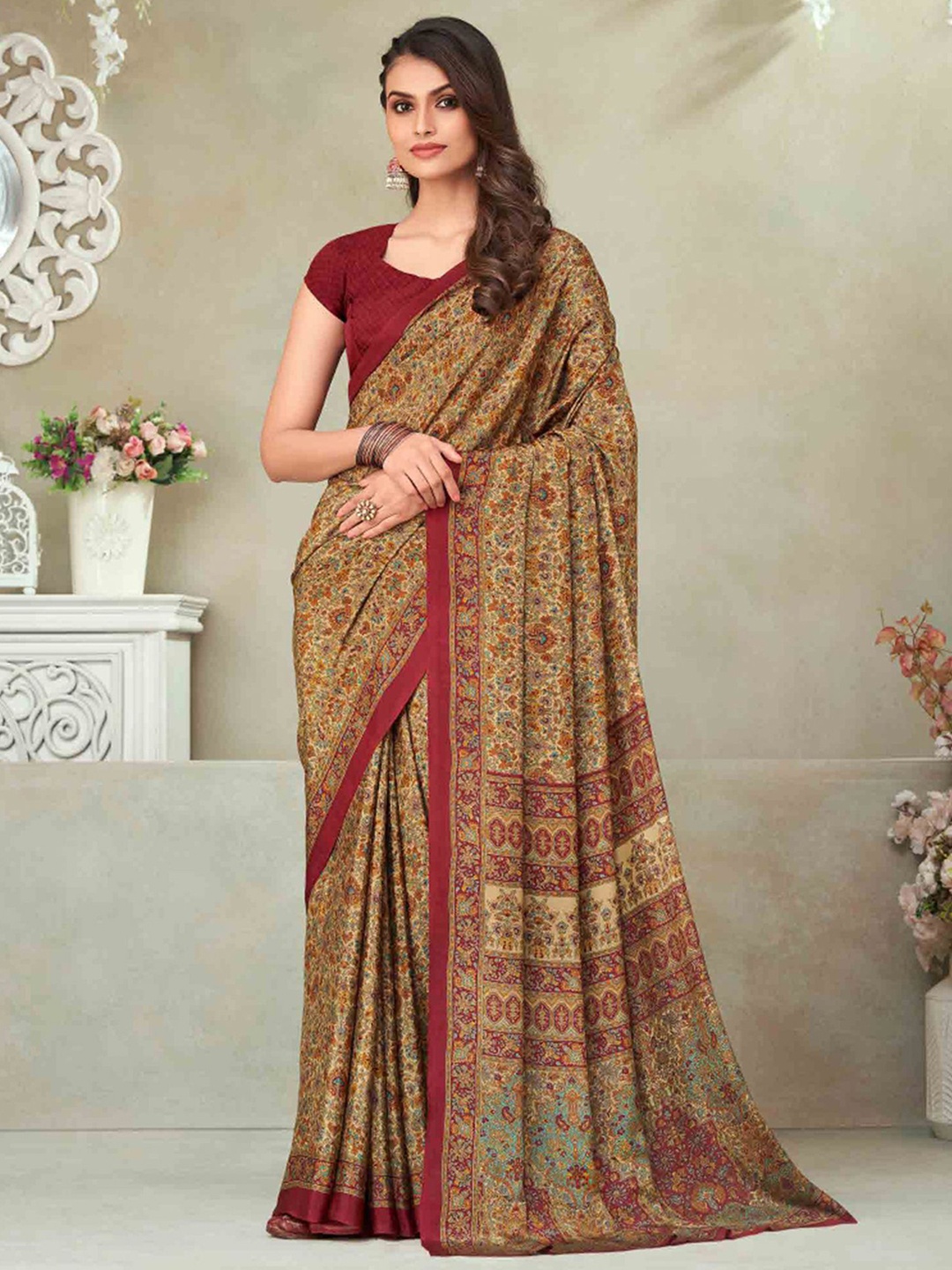 

Satrani Ethnic Motif Printed Silk Blend Saree, Beige