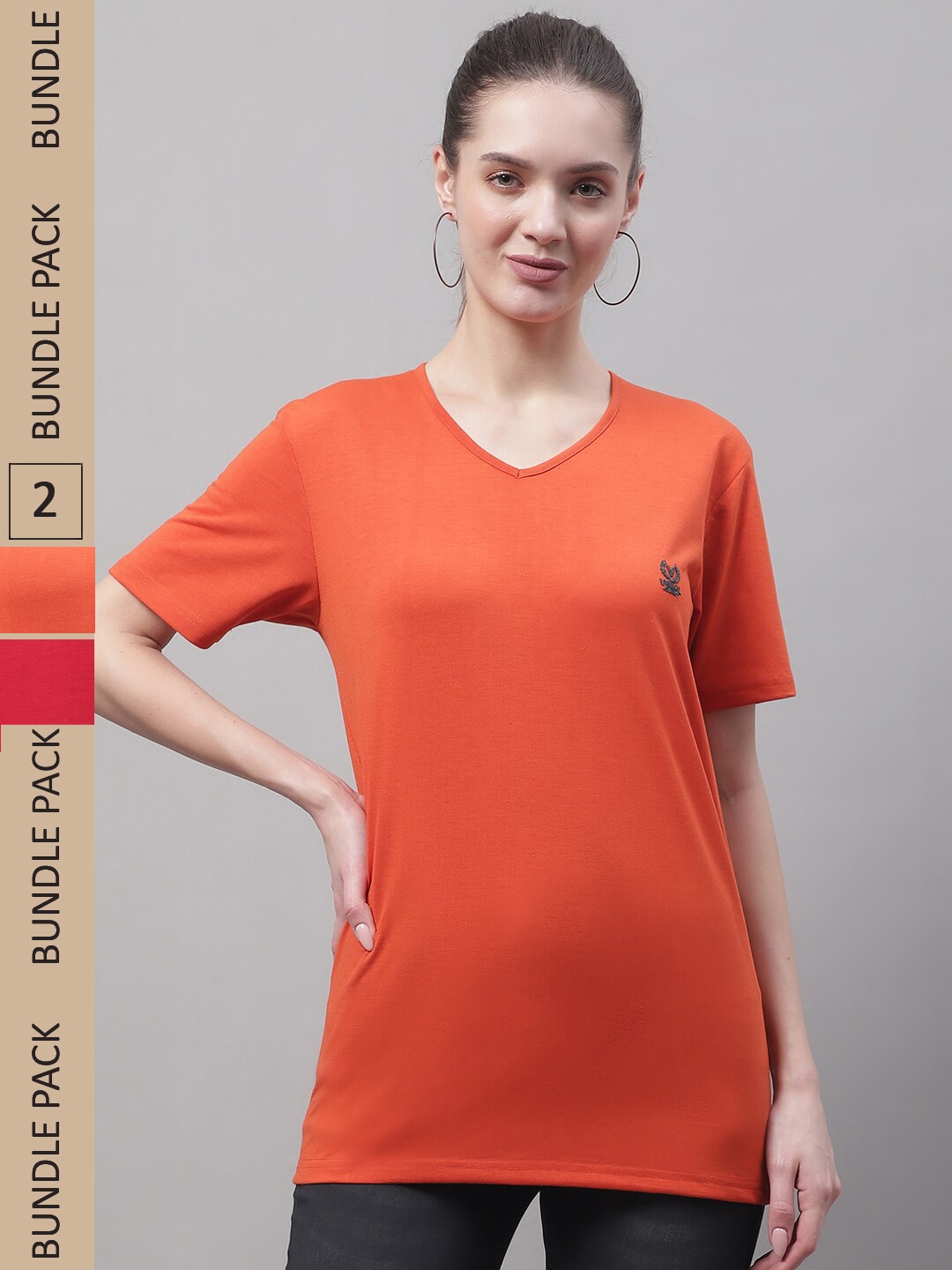 

VIMAL JONNEY Pack Of 2 V-Neck Cotton T-Shirt, Orange