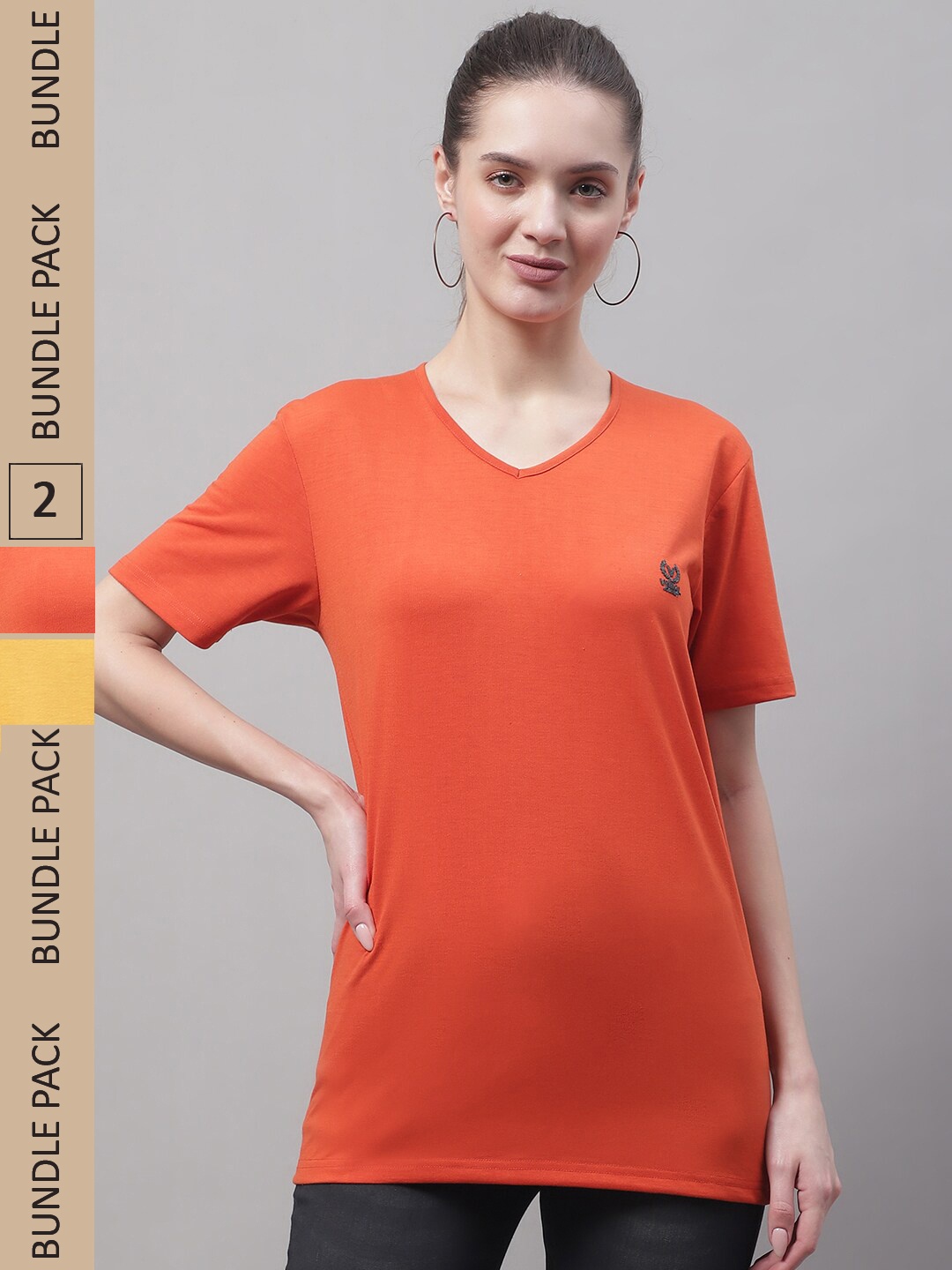 

VIMAL JONNEY Pack Of 2 V-Neck Cotton T-shirt, Orange