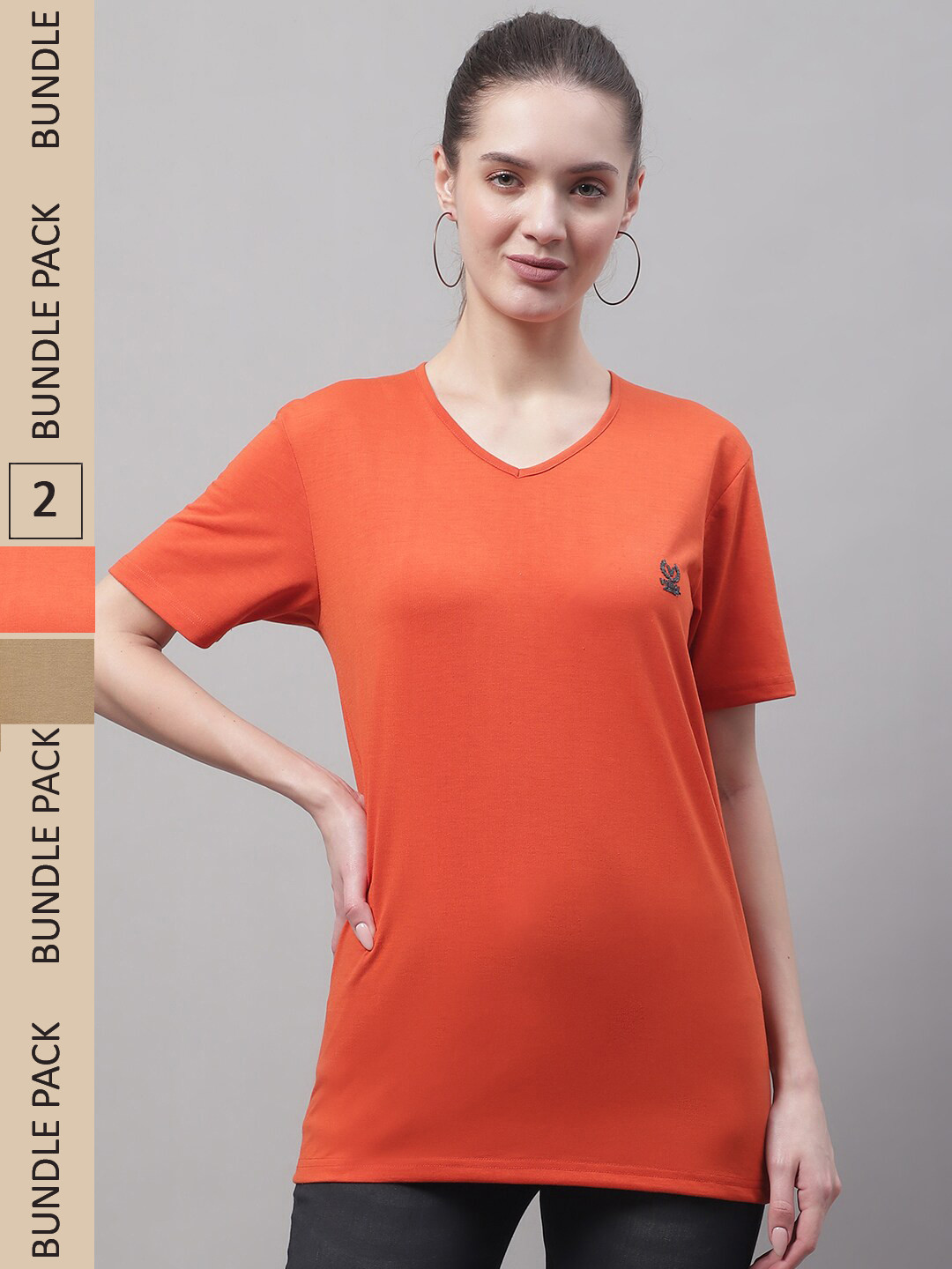 

VIMAL JONNEY Pack Of 2 V-Neck Short Sleeves Cotton Longline T-shirt, Orange