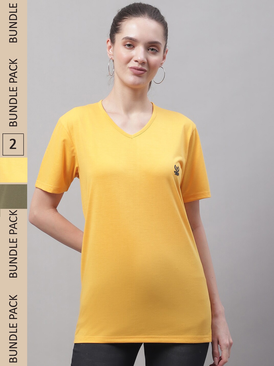 

MACK JONNEY Pack Of 2 V-Neck Short Sleeves Cotton Longline T-shirt, Yellow