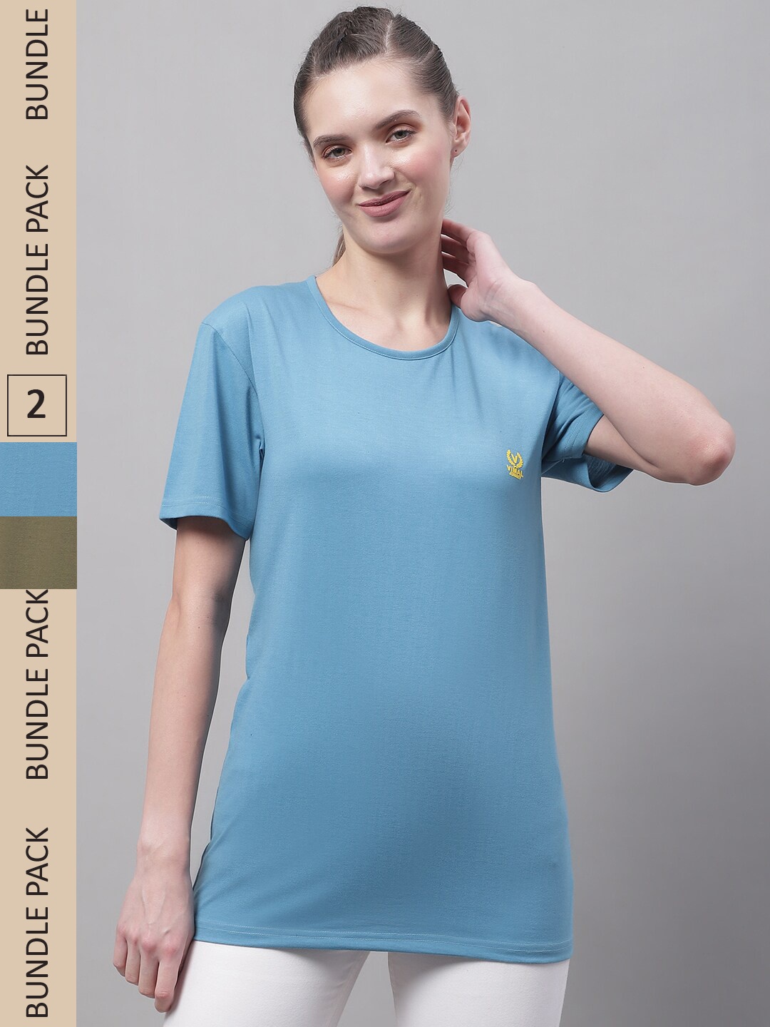 

MACK JONNEY Women Pack Of 2 Round Neck Cotton T-shirt, Olive