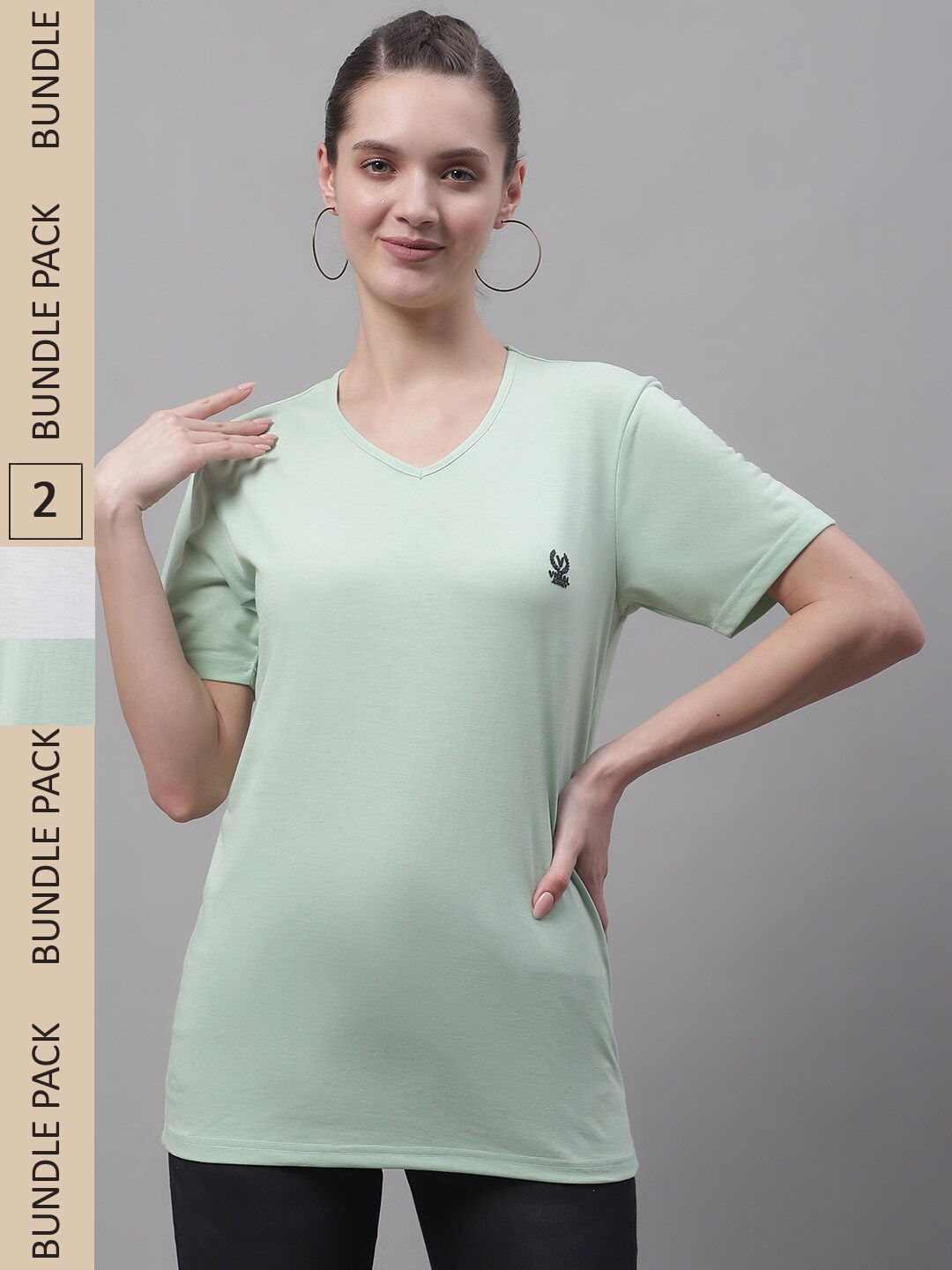 

VIMAL JONNEY Pack Of 2 V-Neck Short Sleeves Cotton Longline T-shirt, Sea green