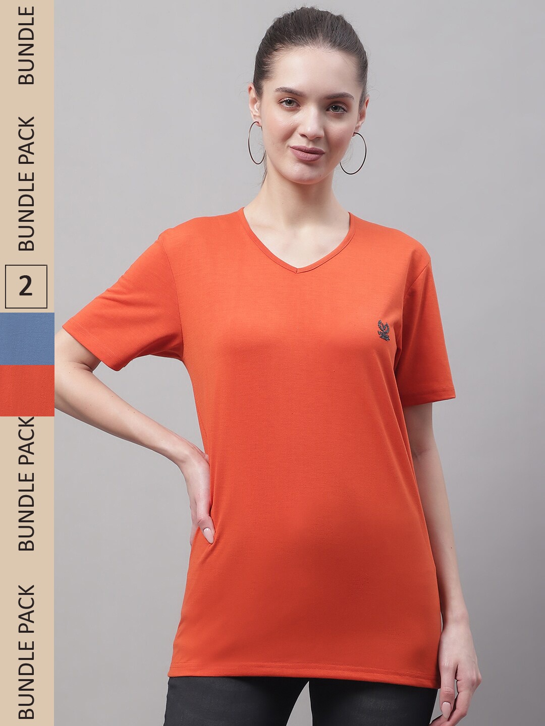 

VIMAL JONNEY Pack Of 2 V- Neck Cotton T-shirt, Orange