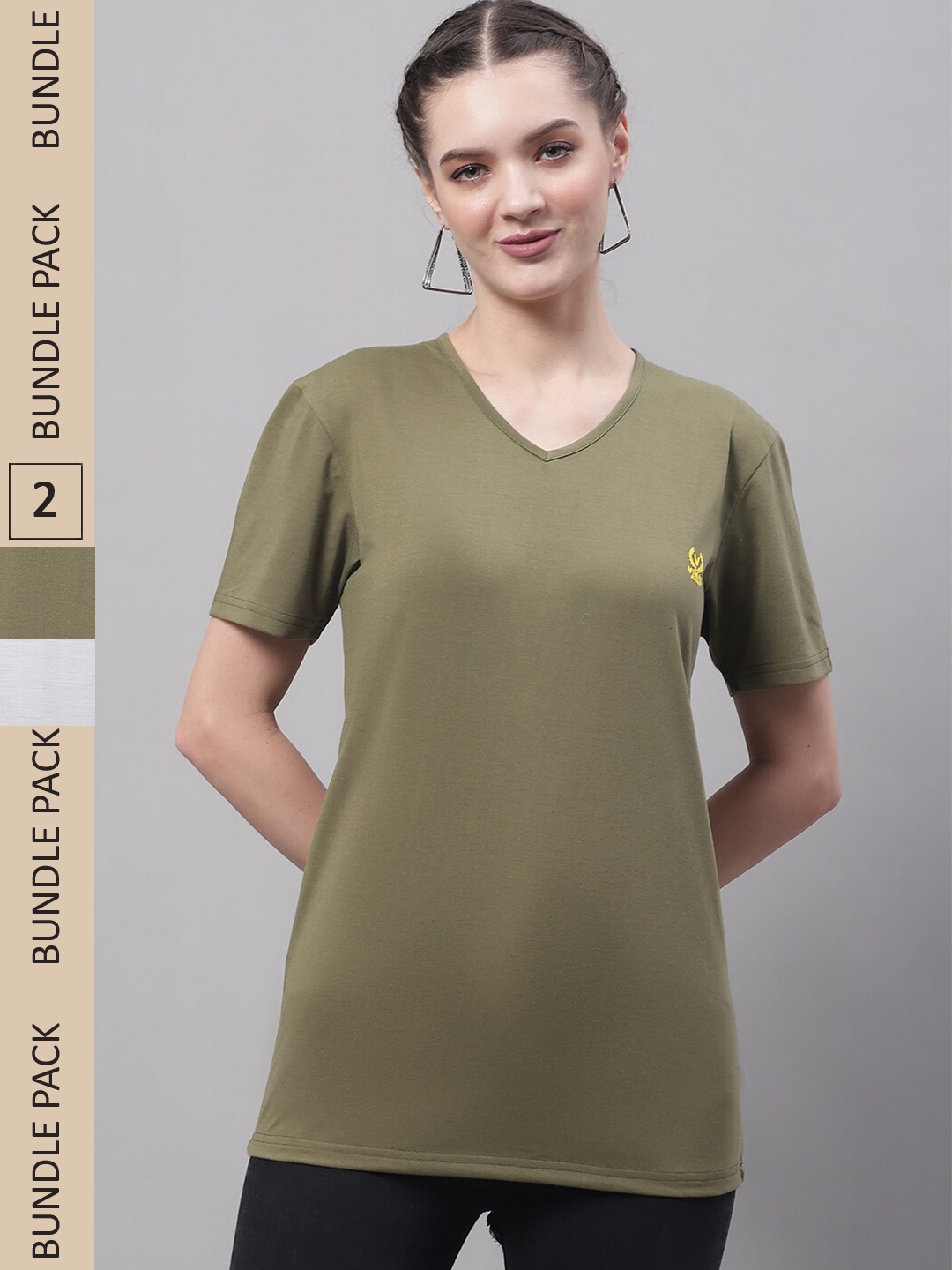 

VIMAL JONNEY Pack Of 2 V- Neck Cotton T-shirt, Olive