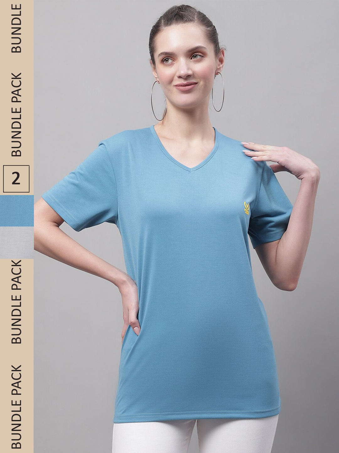 

VIMAL JONNEY Pack Of 2 V-Neck Knitted Cotton T-shirts, Grey