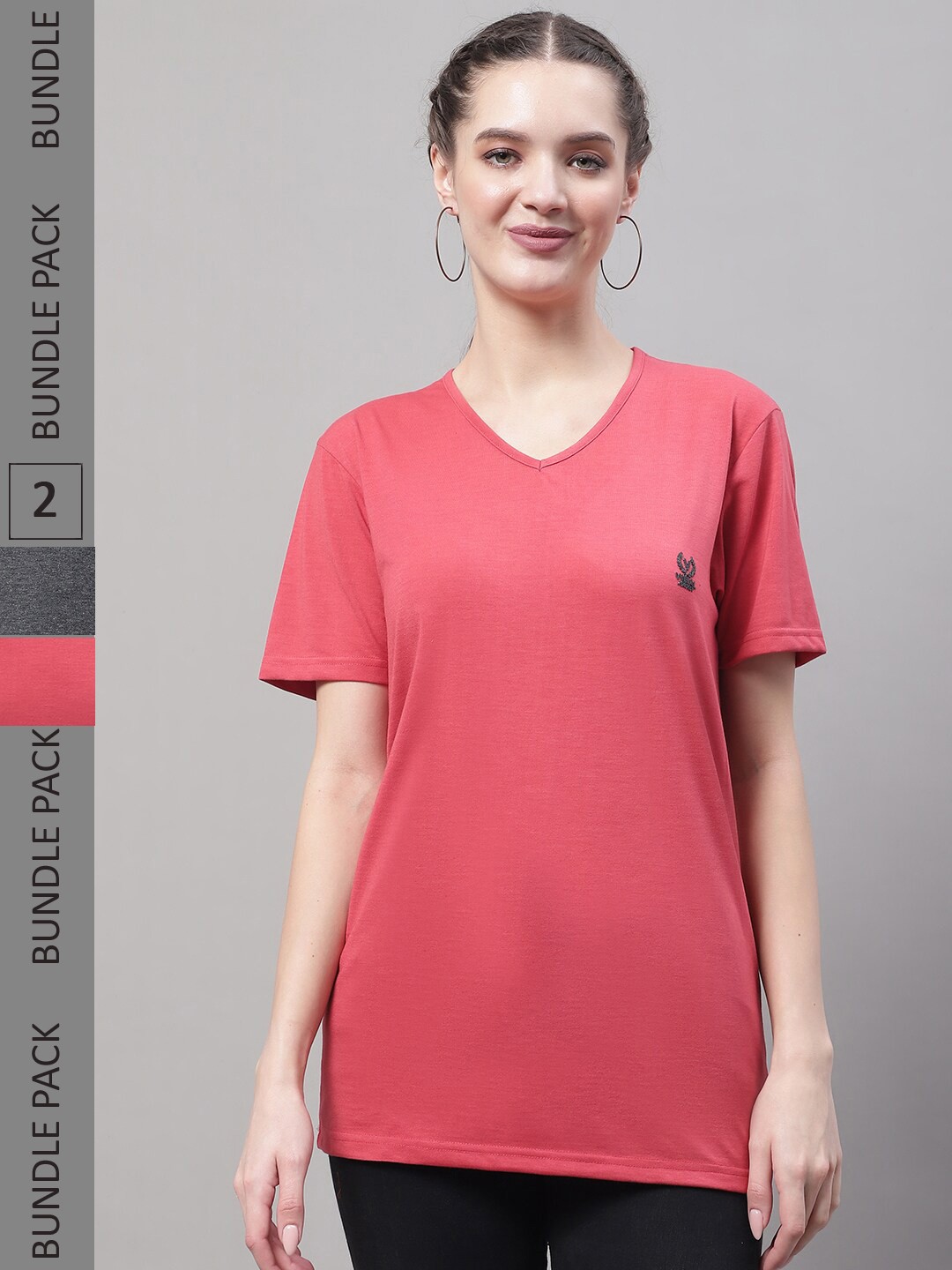 

MACK JONNEY Pack Of 2 V-Neck Knitted Cotton T-shirts, Coral