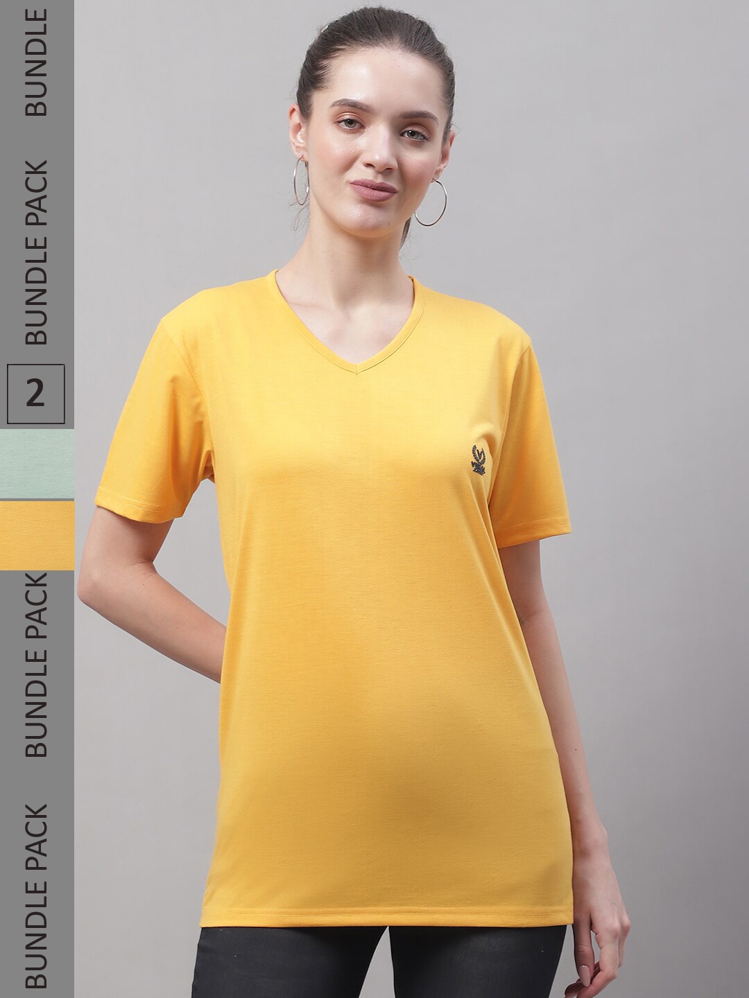 

VIMAL JONNEY Pack Of 2 V-Neck Short Sleeves Cotton Longline T-shirt, Yellow