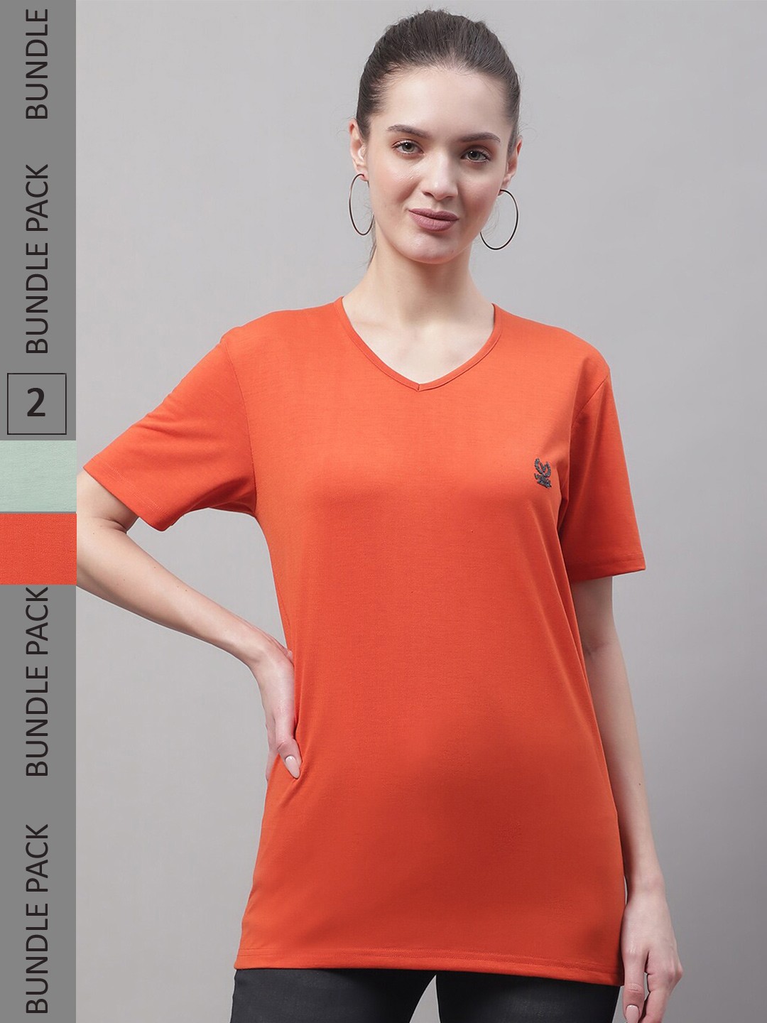 

VIMAL JONNEY Pack Of 2 V-Neck Cotton T-Shirts, Orange