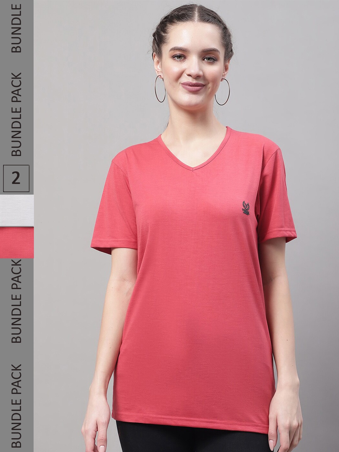 

MACK JONNEY Pack Of 2 V- Neck Knitted Cotton T-shirts, Coral