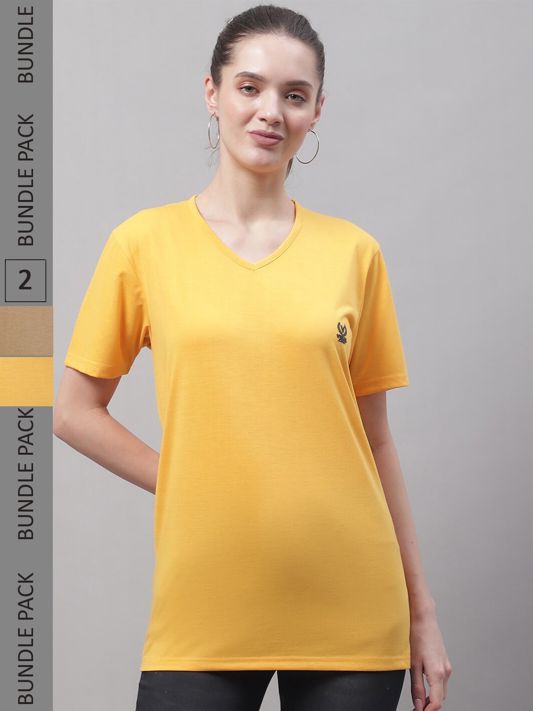 

MACK JONNEY Pack Of 2 V- Neck Knitted Cotton T-shirts, Yellow