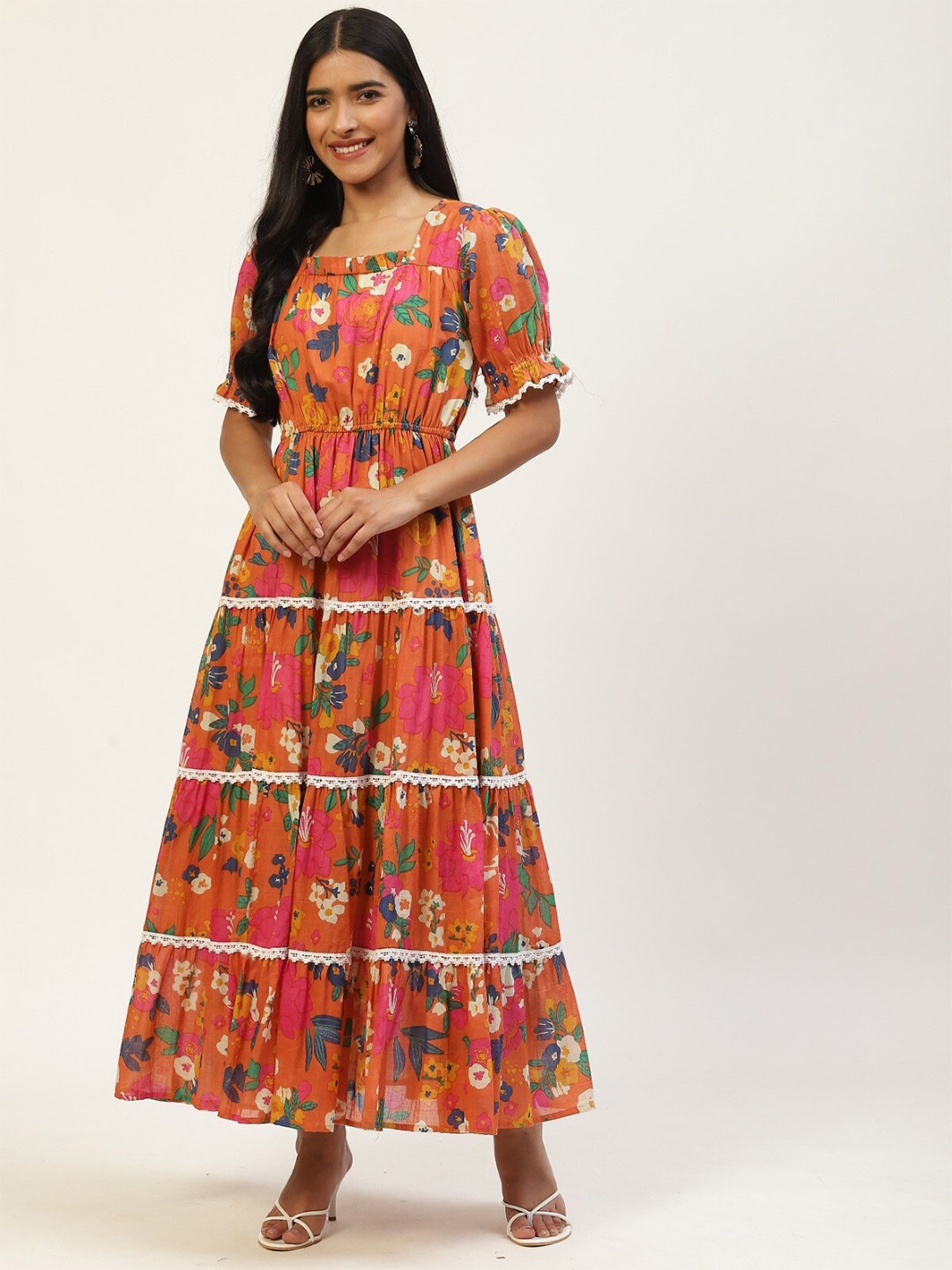 

Sangria Square Neck Floral Printed Tiered Cotton A-Line Maxi Dress, Orange
