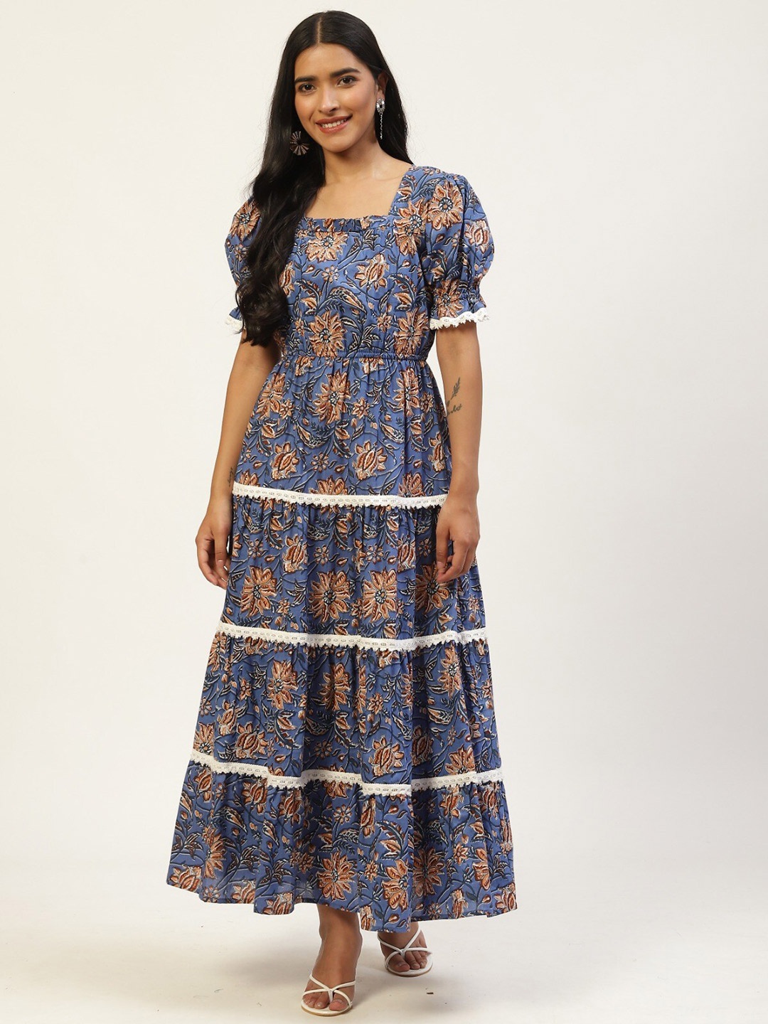 

Sangria Square Neck Floral Printed Tiered Cotton A-Line Maxi Dress, Blue