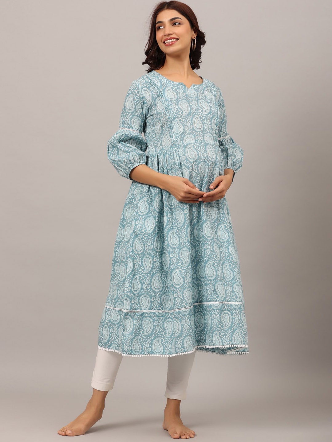 

Ikk Kudi by Seerat Paisley Printed Puff Sleeves Anarkali Maternity Cotton Kurta, Blue