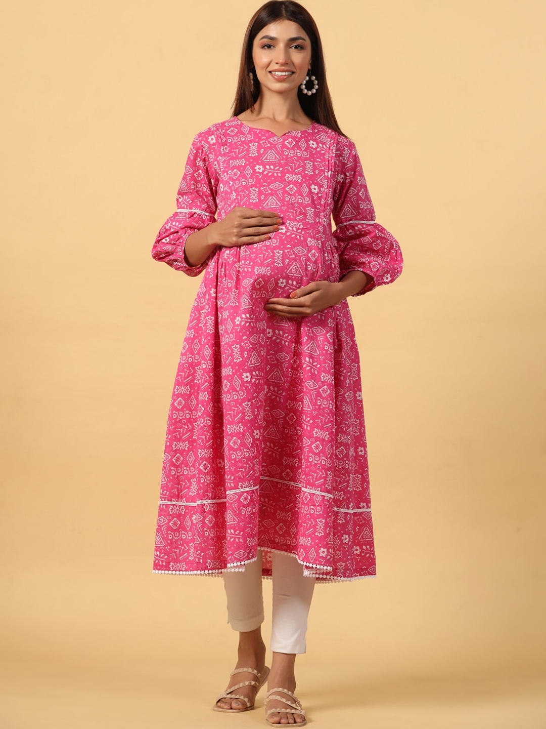 

Ikk Kudi by Seerat Women Pink Ethnic Motifs Flared Sleeves Gotta Patti Maternity Anarkali Kurta