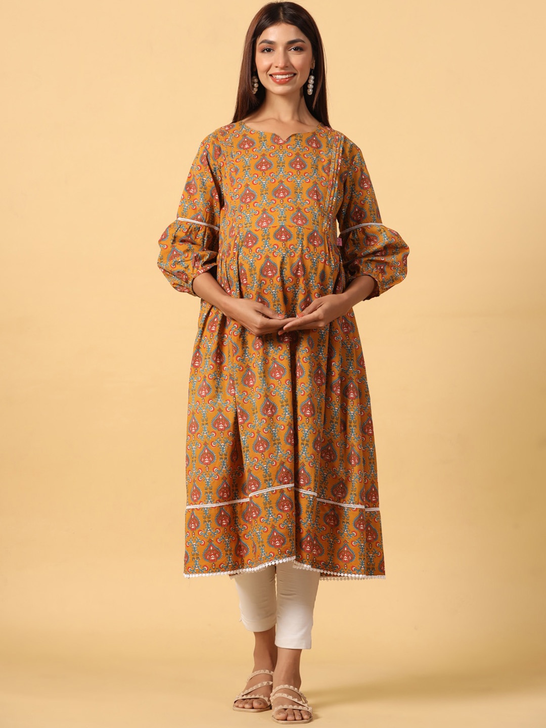 

Ikk Kudi by Seerat Ethnic Motifs Printed Puff Sleeves Anarkali Maternity Cotton Kurta, Mustard