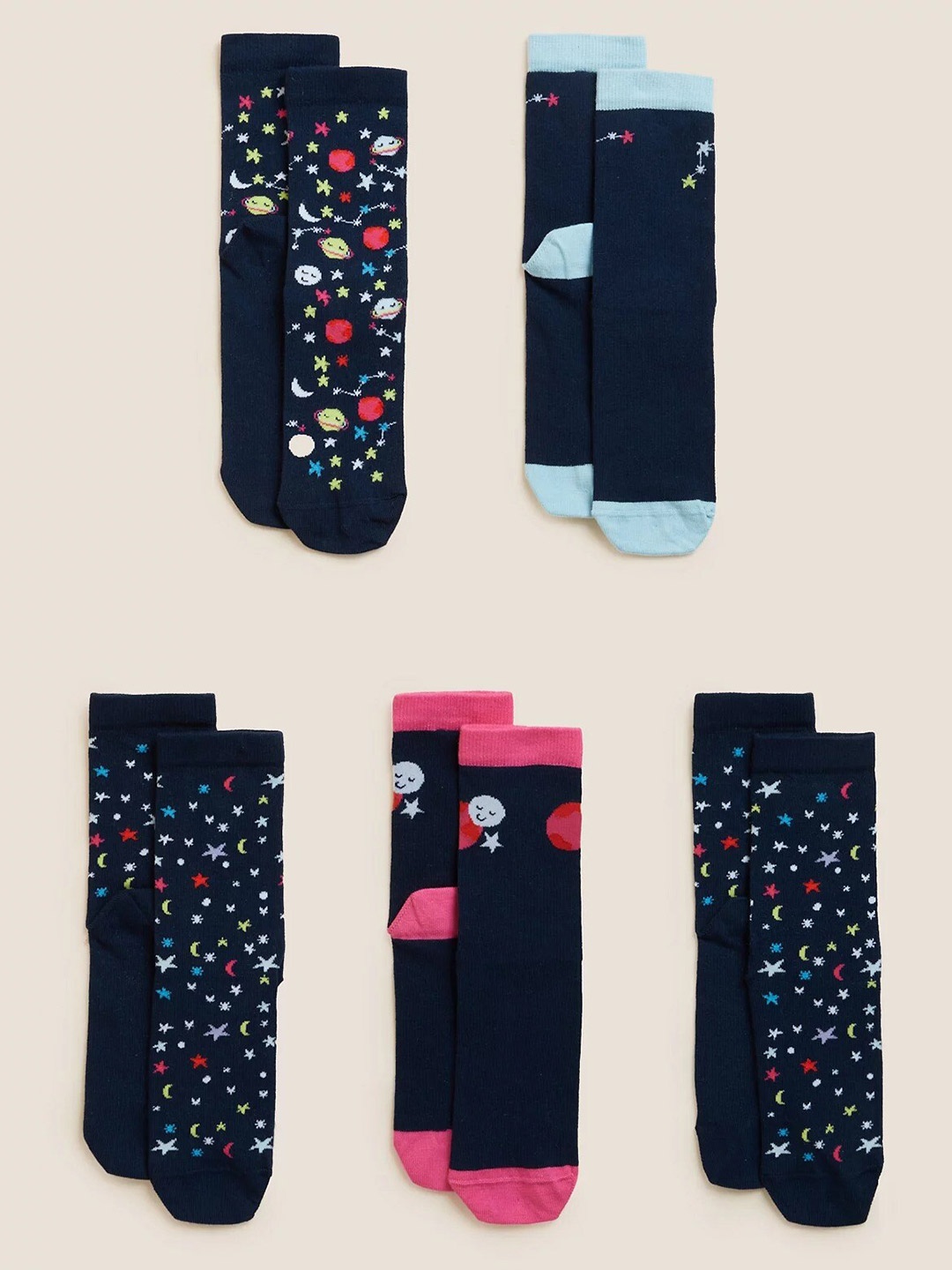 

Marks & Spencer Girls Pack Of 5 Printed Ankle-Length Cotton Socks, Black