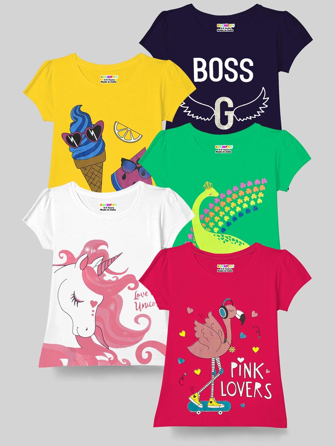 

KUCHIPOO Girls Pack of 5 Printed T-shirt, Yellow
