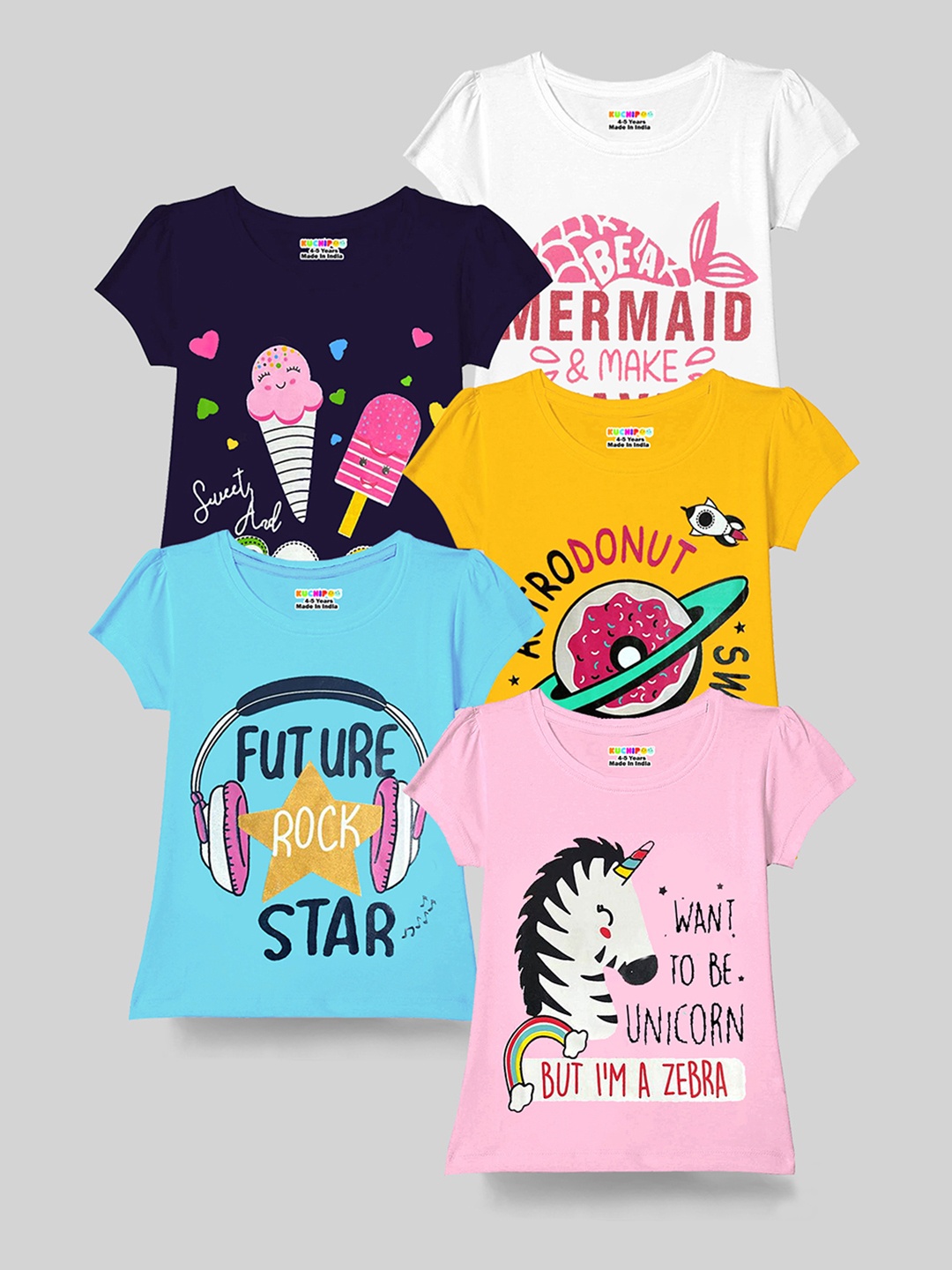 

KUCHIPOO Girls Pack of 5 Typography Printed T-shirt, Pink