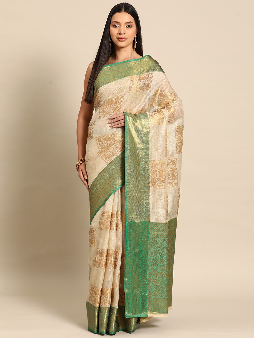 

Silk Land Ethnic Motifs Woven Design Zari Jute Silk Tussar Saree, Beige