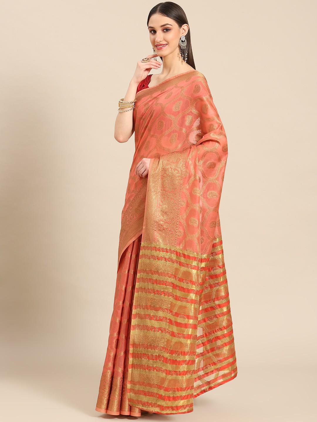 

Silk Land Ethnic Motifs Woven Design Zari Silk Cotton Saree, Pink