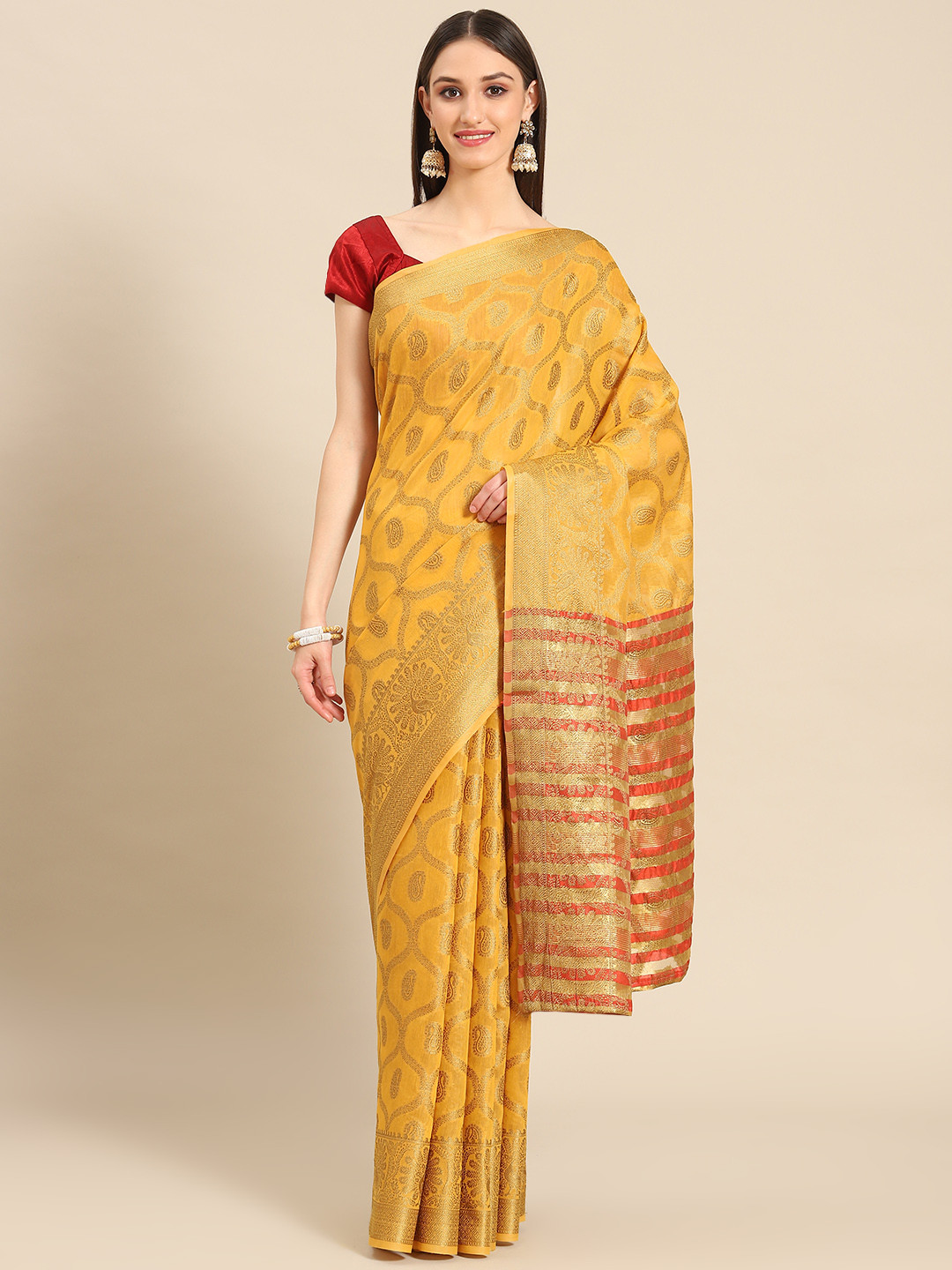 

Silk Land Ethnic Motifs Woven Design Zari Silk Cotton Saree, Yellow