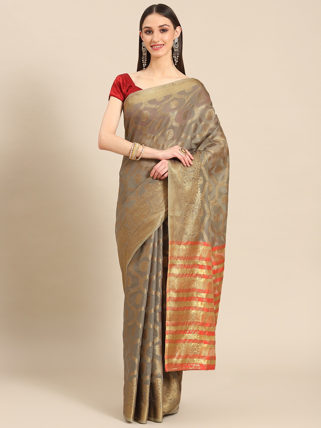 

Silk Land Ethnic Motifs Woven Design Zari Silk Cotton Saree, Grey
