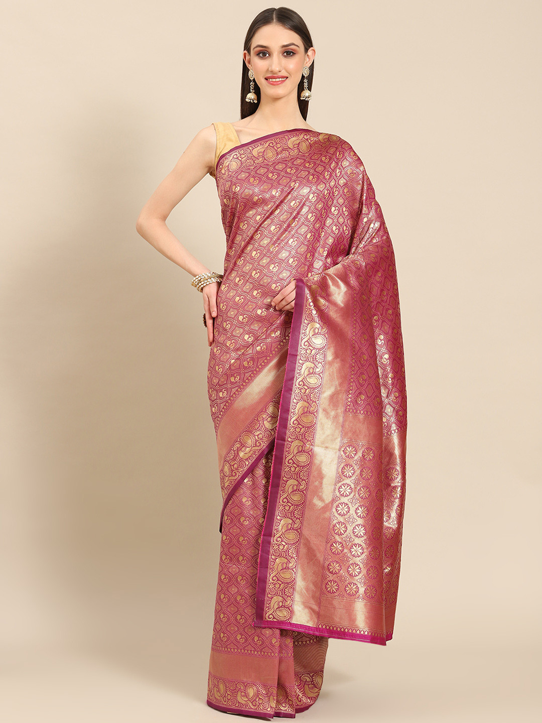 

Silk Land Ethinic Motif Woven Design Zari Banarasi Saree, Magenta