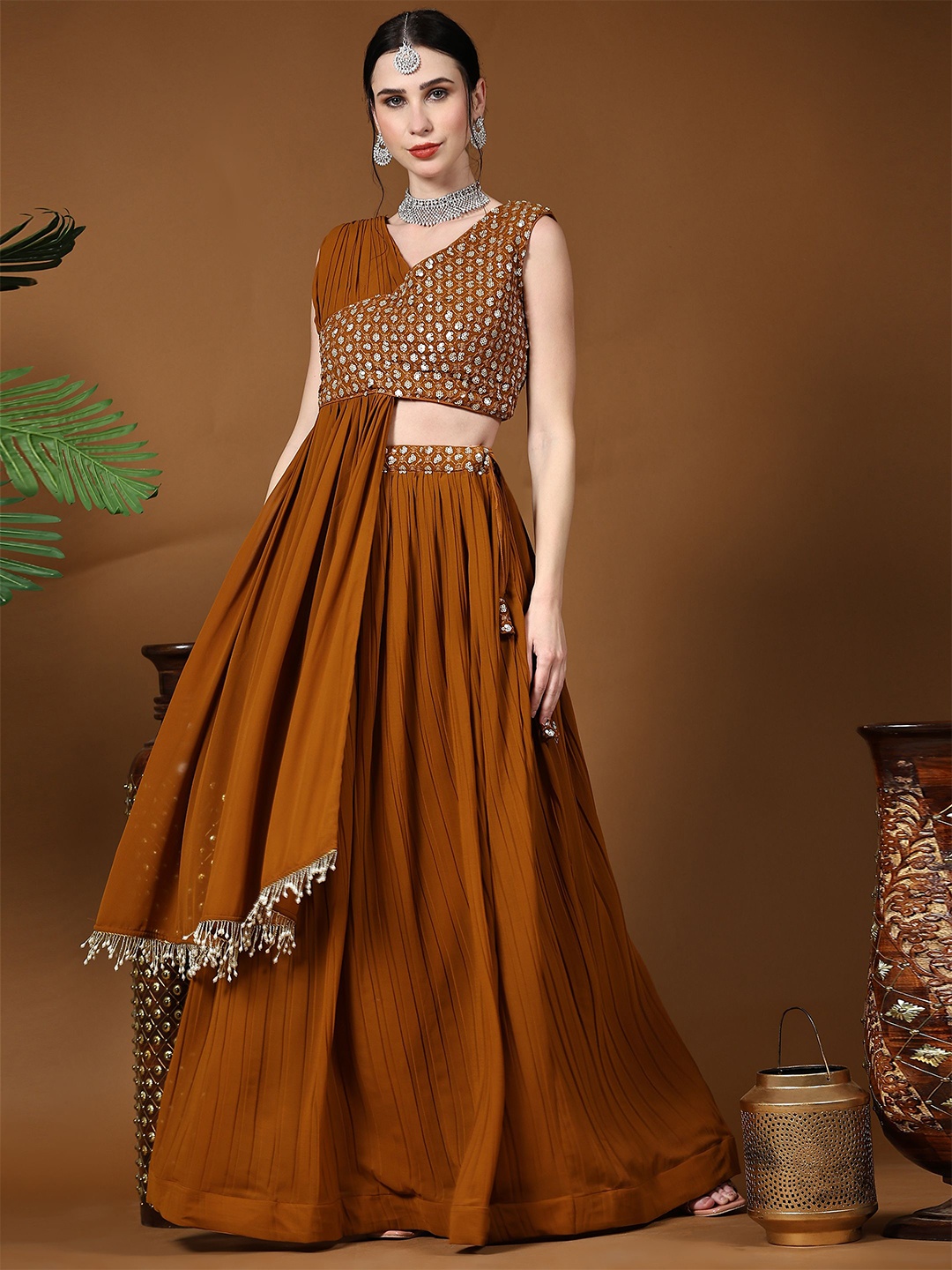 

KALINI Mustard Brown Embroidered Sequinned Ready to Wear Lehenga