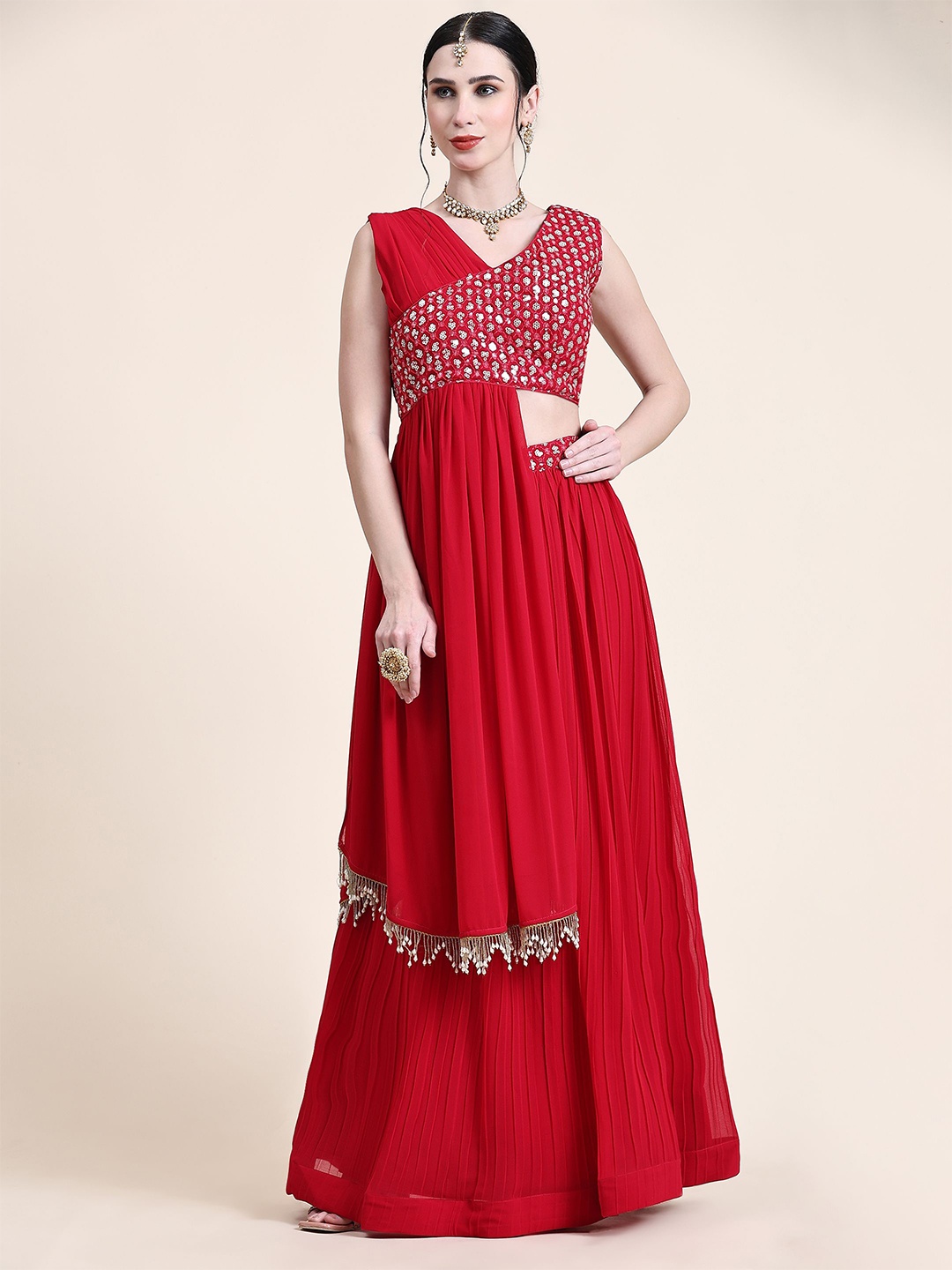 

KALINI Embroidered Mirror Work Ready to Wear Lehenga & Dupatta, Pink