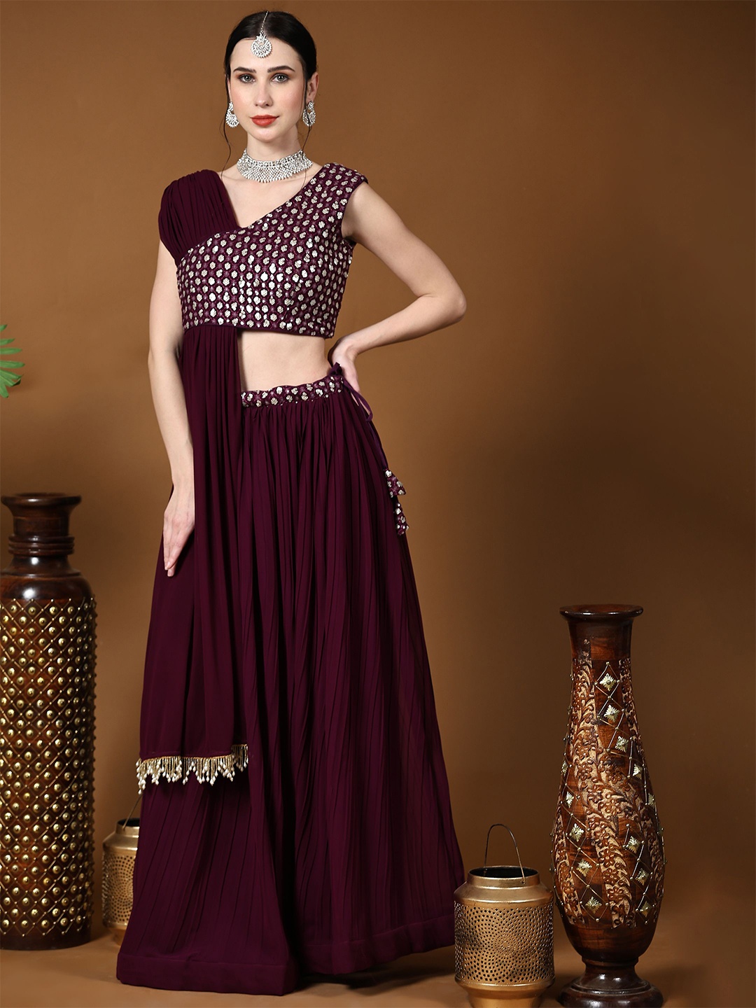 

KALINI Embroidered Sequinned Ready to Wear Lehenga & Blouse With Dupatta, Burgundy