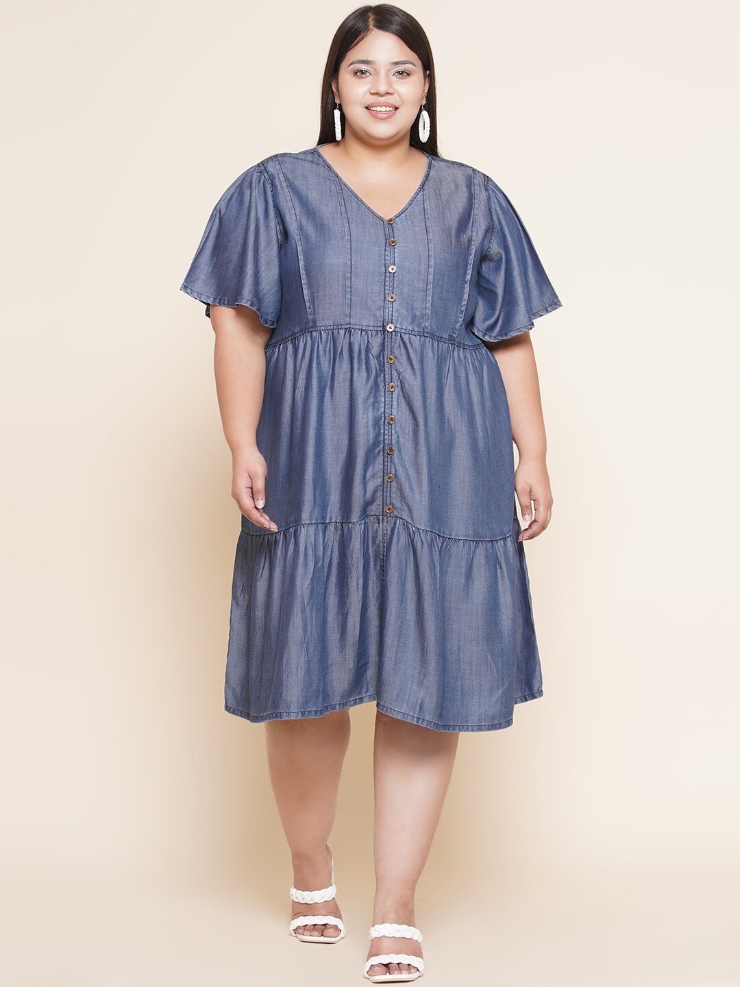 

Kiaahvi by JOHN PRIDE Plus Size Flared SleeveS Denim A-Line Dress, Blue