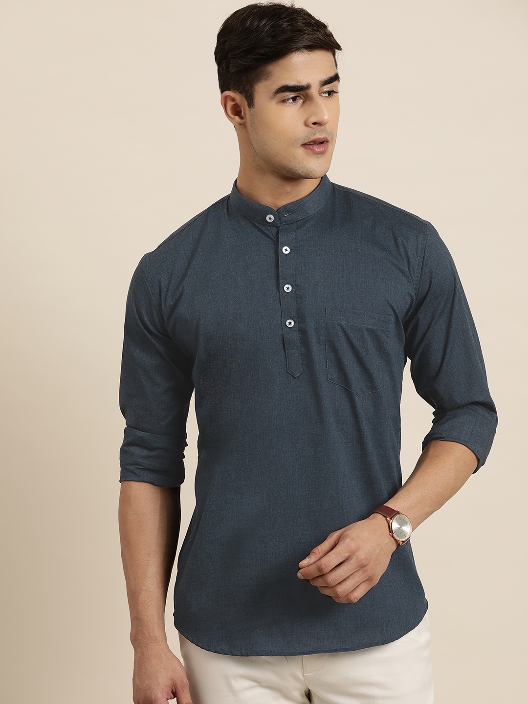 Hancock Men Pure Cotton Chambray Slim Fit Kurta, Navy blue