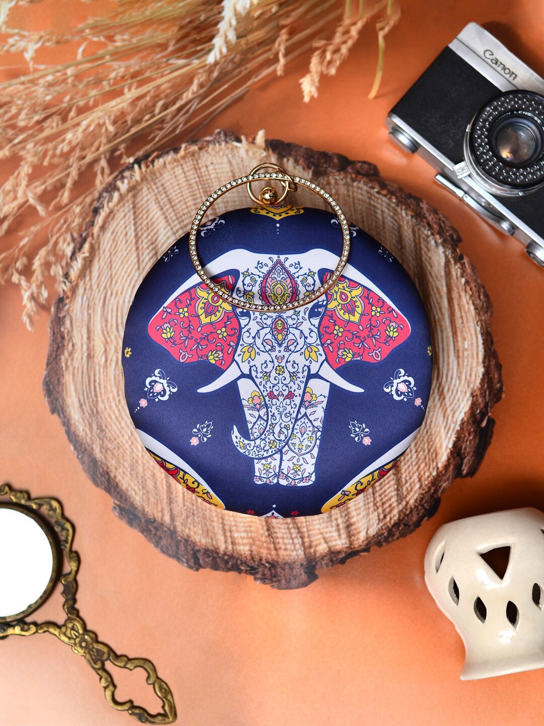 

ARTKLIM White Elephant Round Printed Box Clutch, Blue