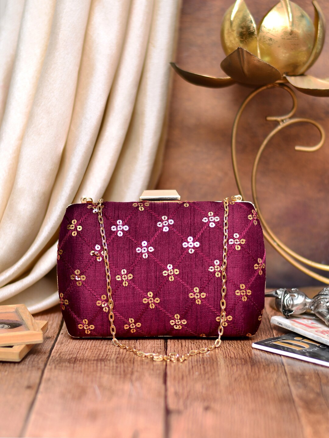 

ARTKLIM Embroidered Box Clutch, Maroon
