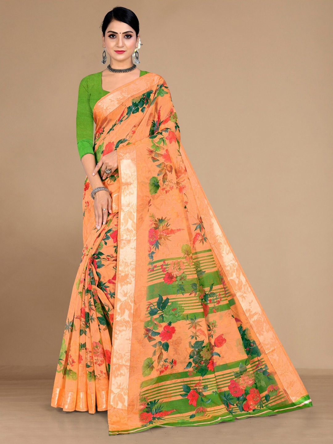 

KALINI Floral Printed Saree, Orange