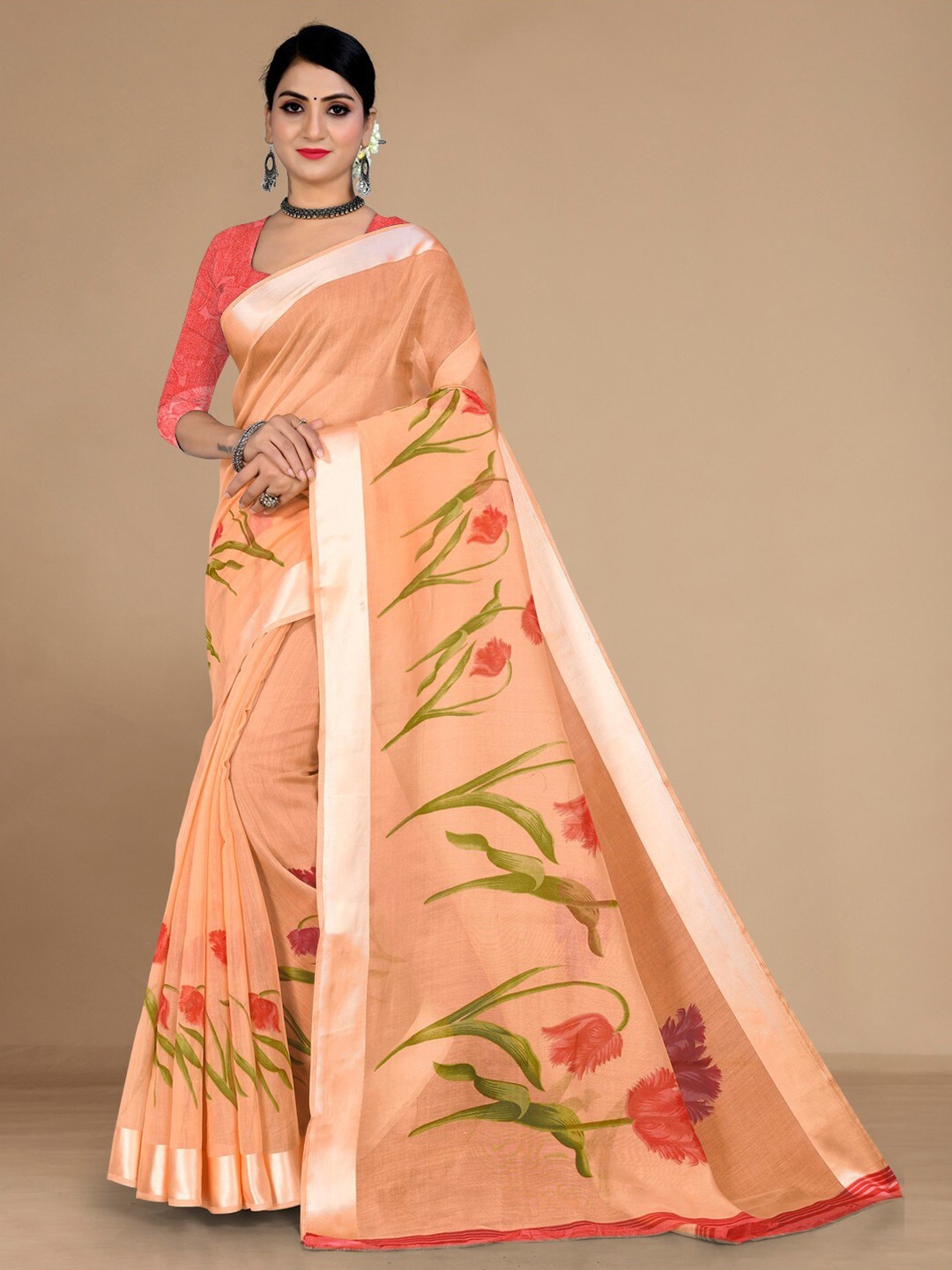 

KALINI Floral Printed Saree, Peach