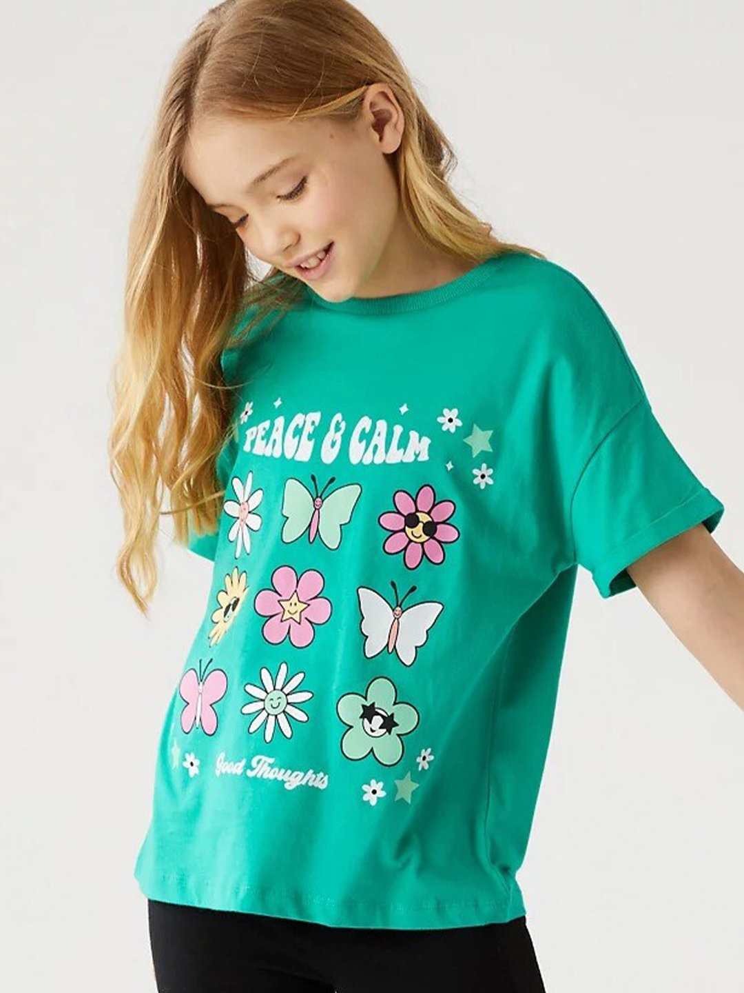 

Marks & Spencer Girls Floral Printed Pure Cotton T-Shirt, Green