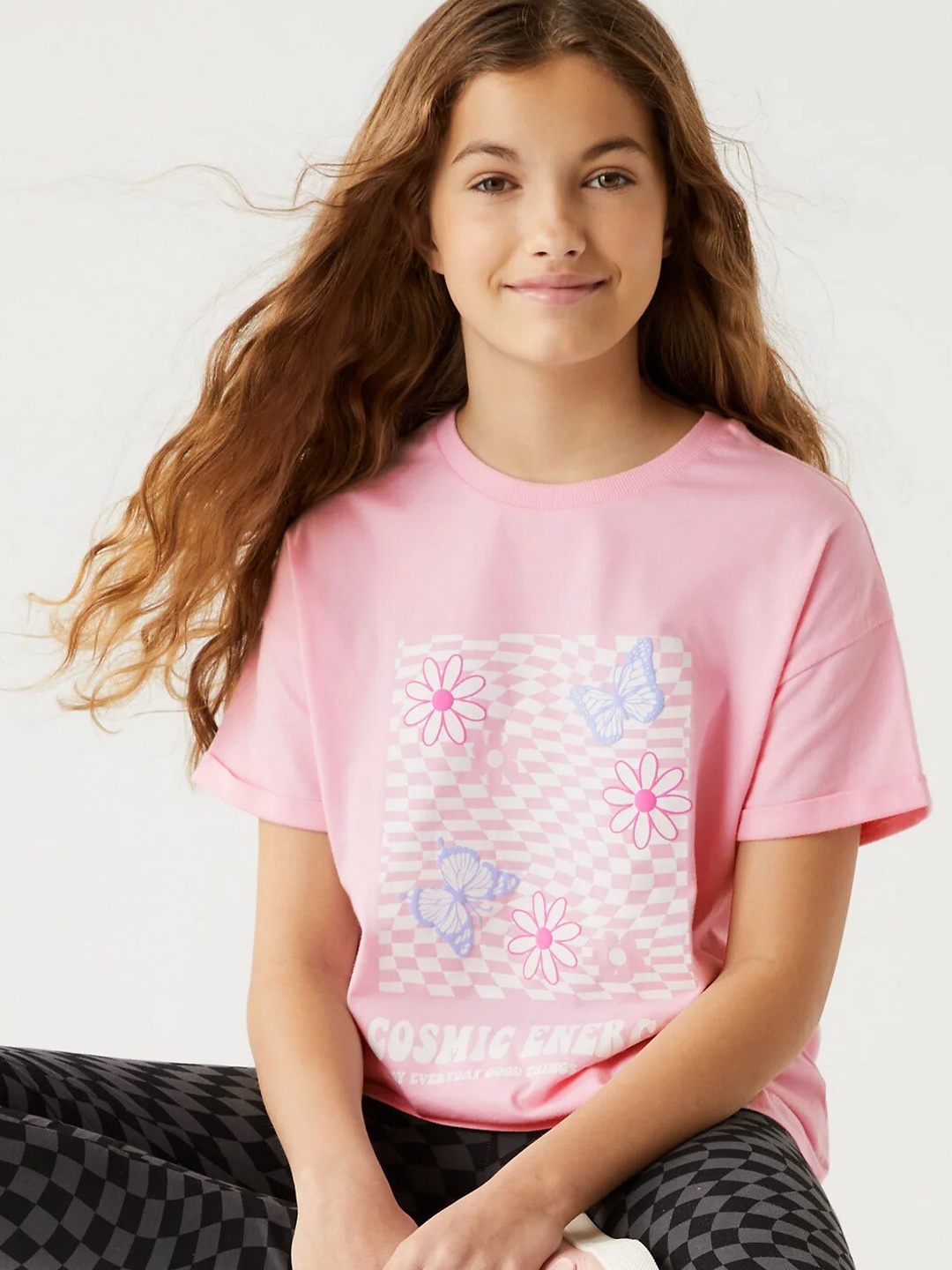 

Marks & Spencer Girls Floral Printed Drop-Shoulder Sleeves Pure Cotton T-shirt, Pink